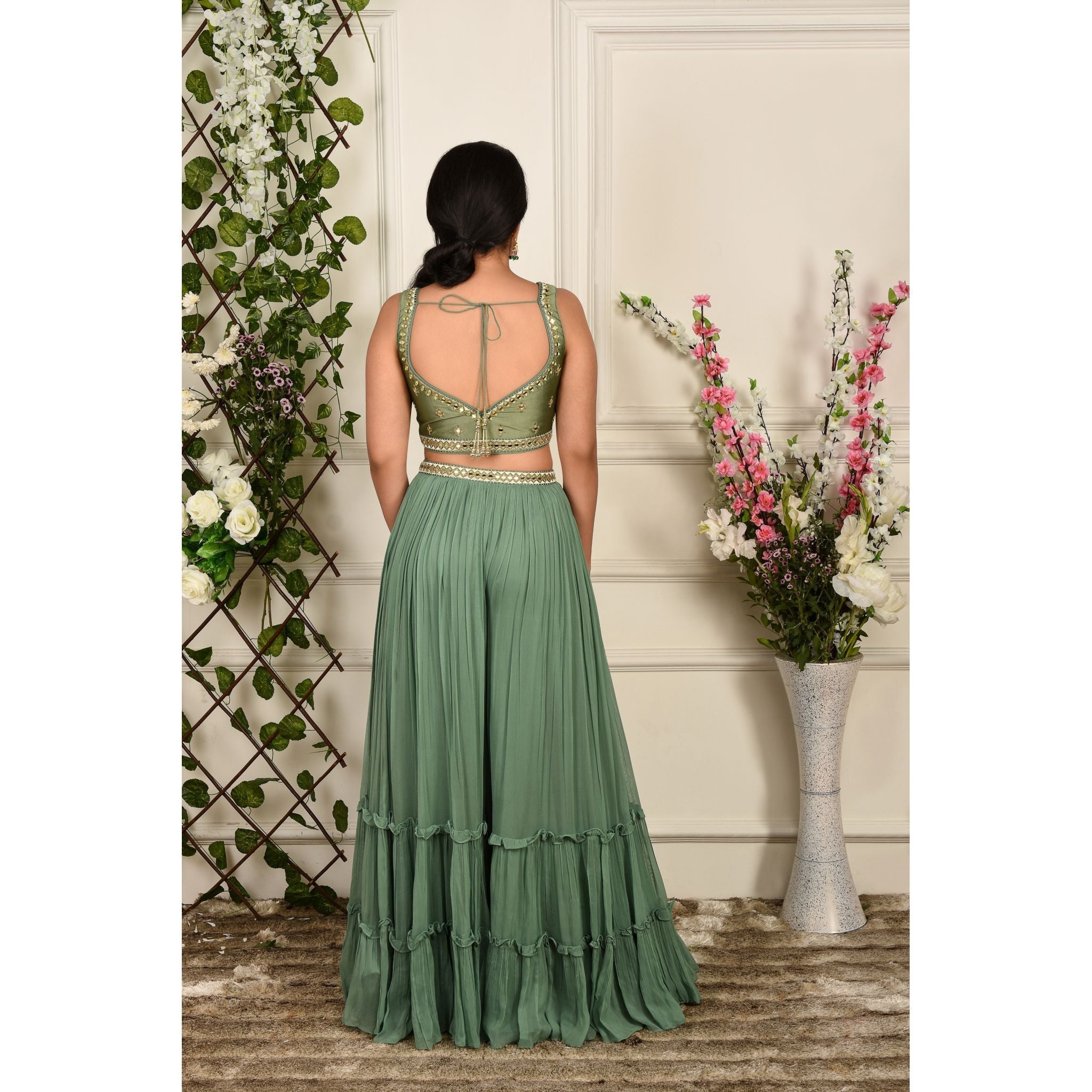 Sage Tiered Palazzo Jacket Set - Indian Designer Bridal Wedding Outfit