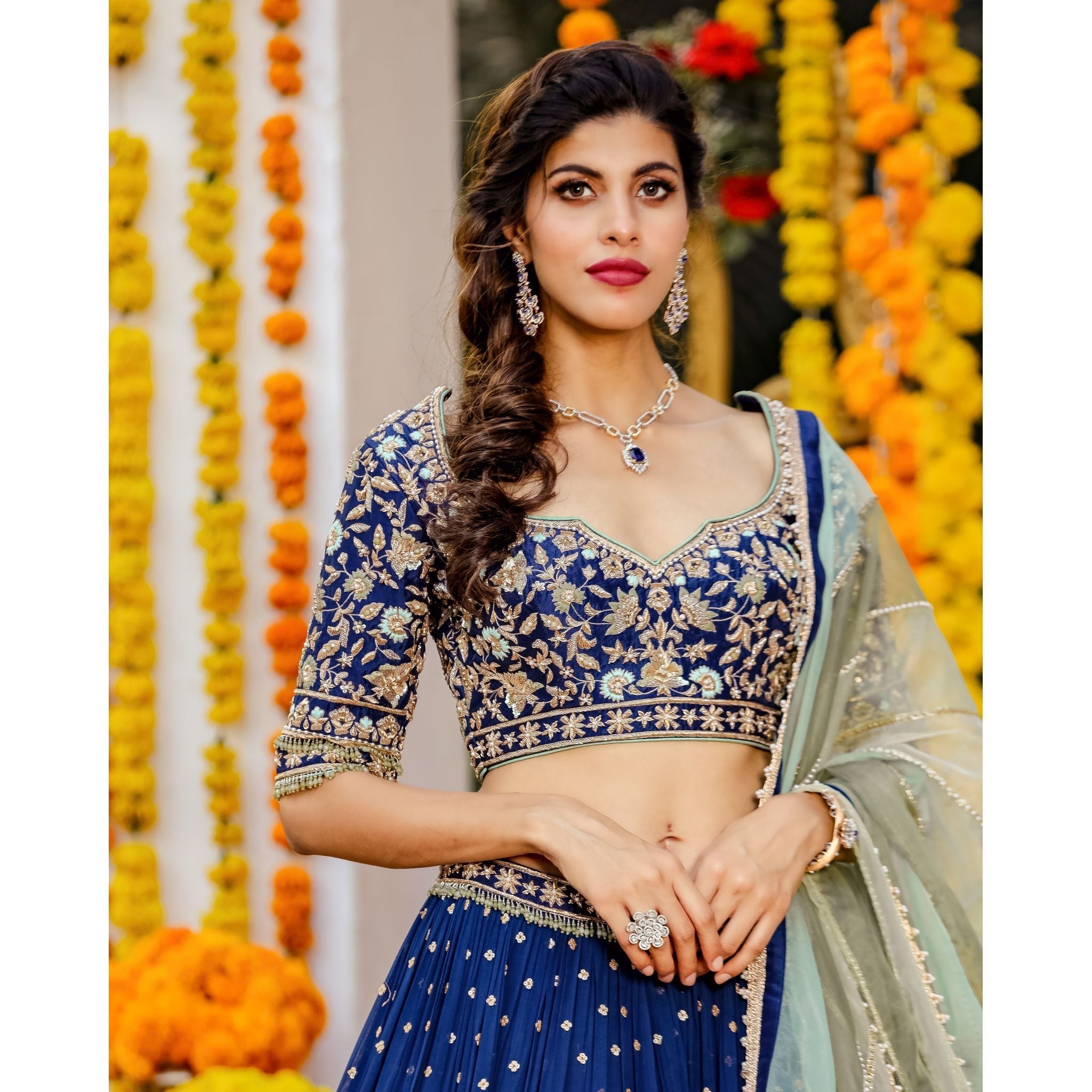 Sapphire And Mint Gold Lehenga Set - Indian Designer Bridal Wedding Outfit