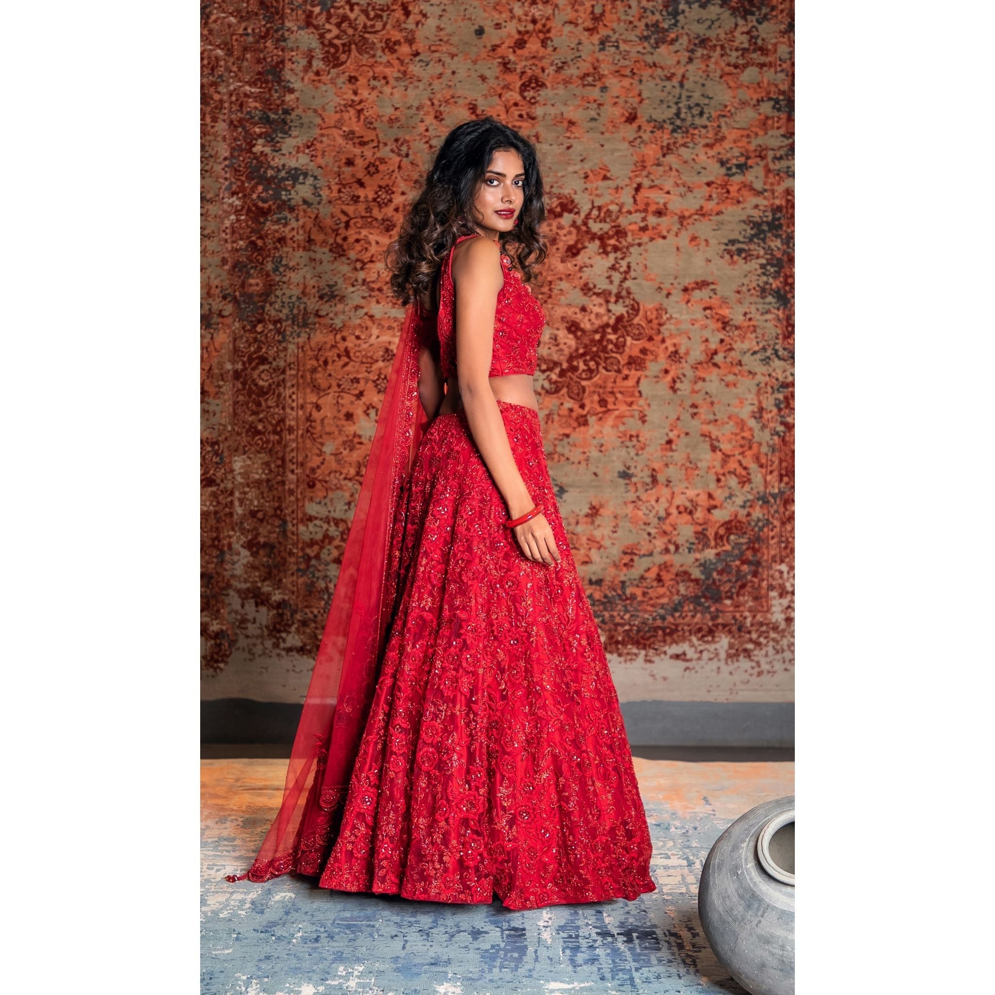 Scarlet Red Bagh Embroidered Net Lehenga Set - Indian Designer Bridal Wedding Outfit