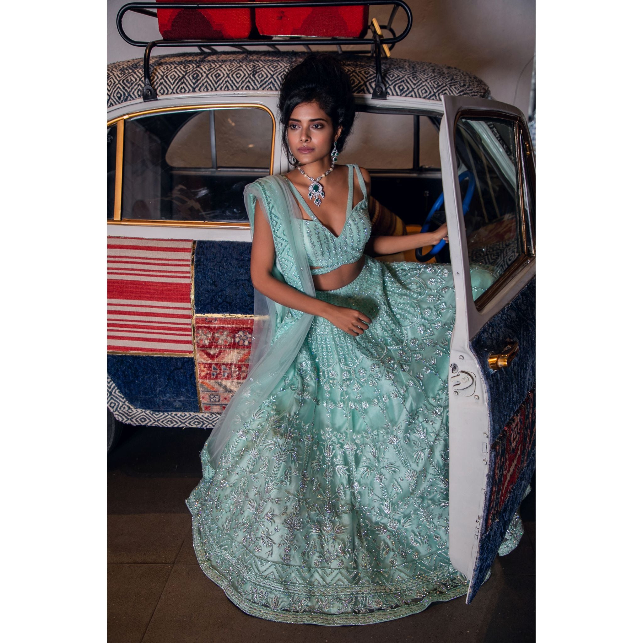 Sea Green Threadwork Lehenga Set - Indian Designer Bridal Wedding Outfit
