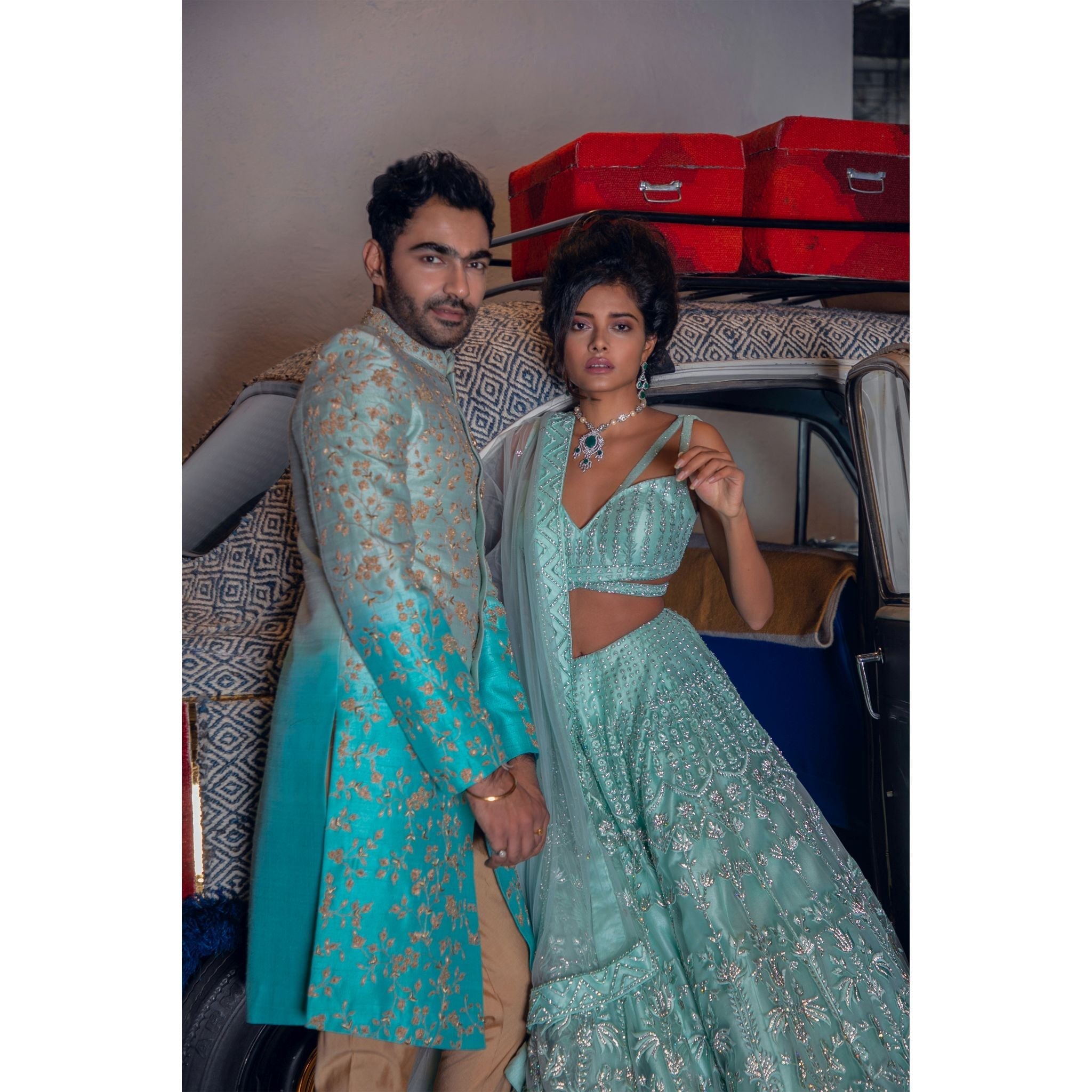 Sea Green - Turquoise Ombre Sherwani - Indian Designer Bridal Wedding Outfit