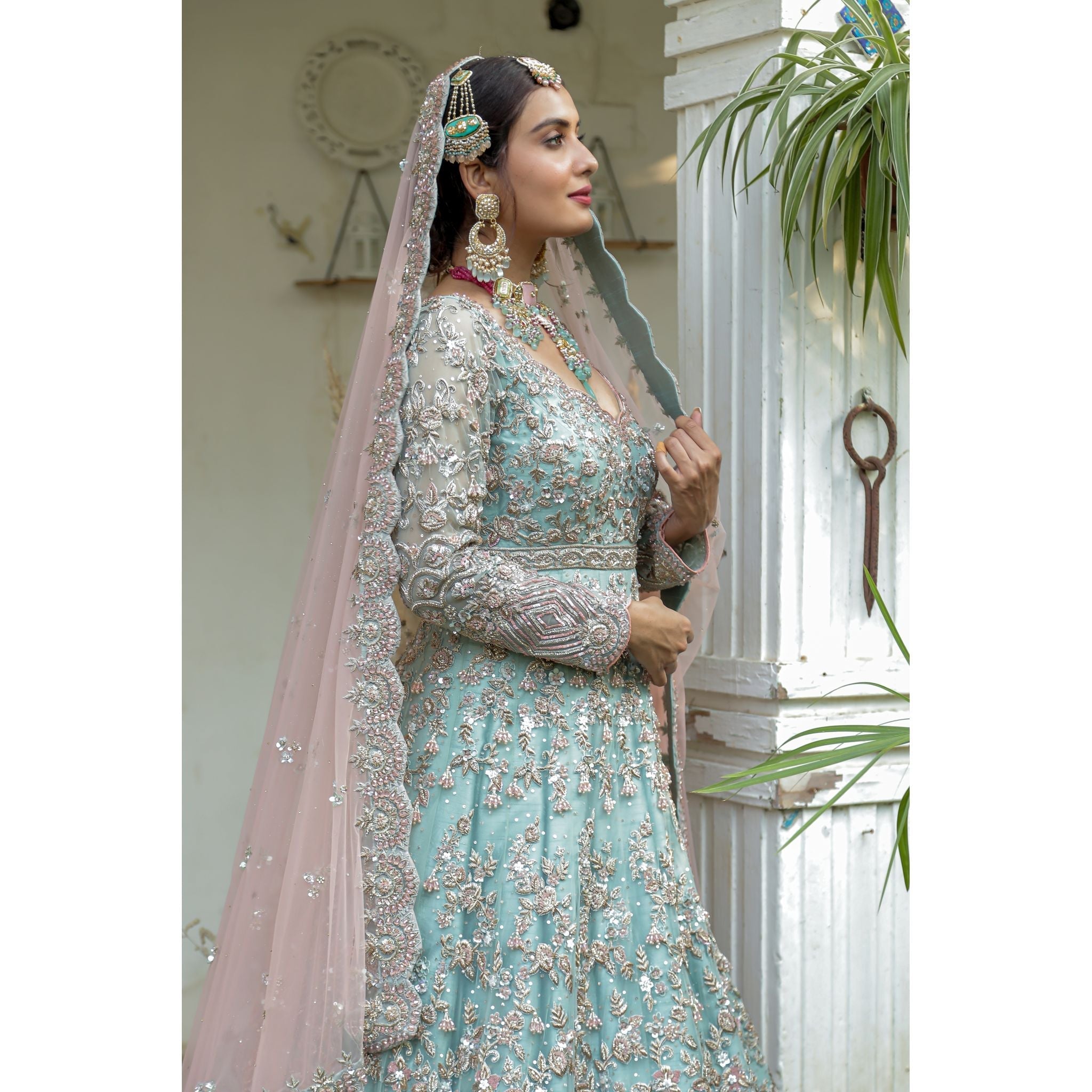 Sky Blue Champagne Bridal Anarkali Set - Indian Designer Bridal Wedding Outfit