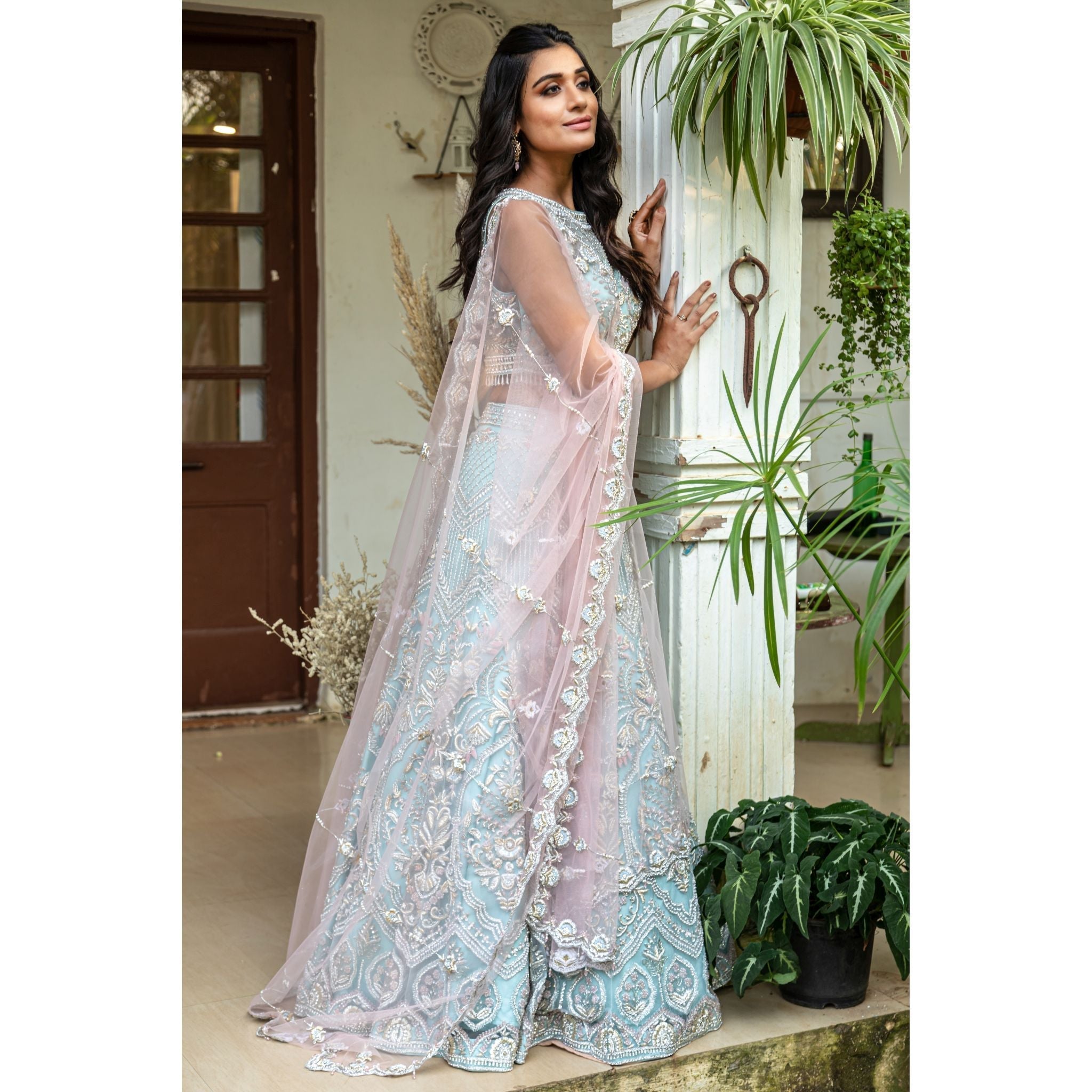 Sky Blue Champagne Silver Lehenga Set - Indian Designer Bridal Wedding Outfit
