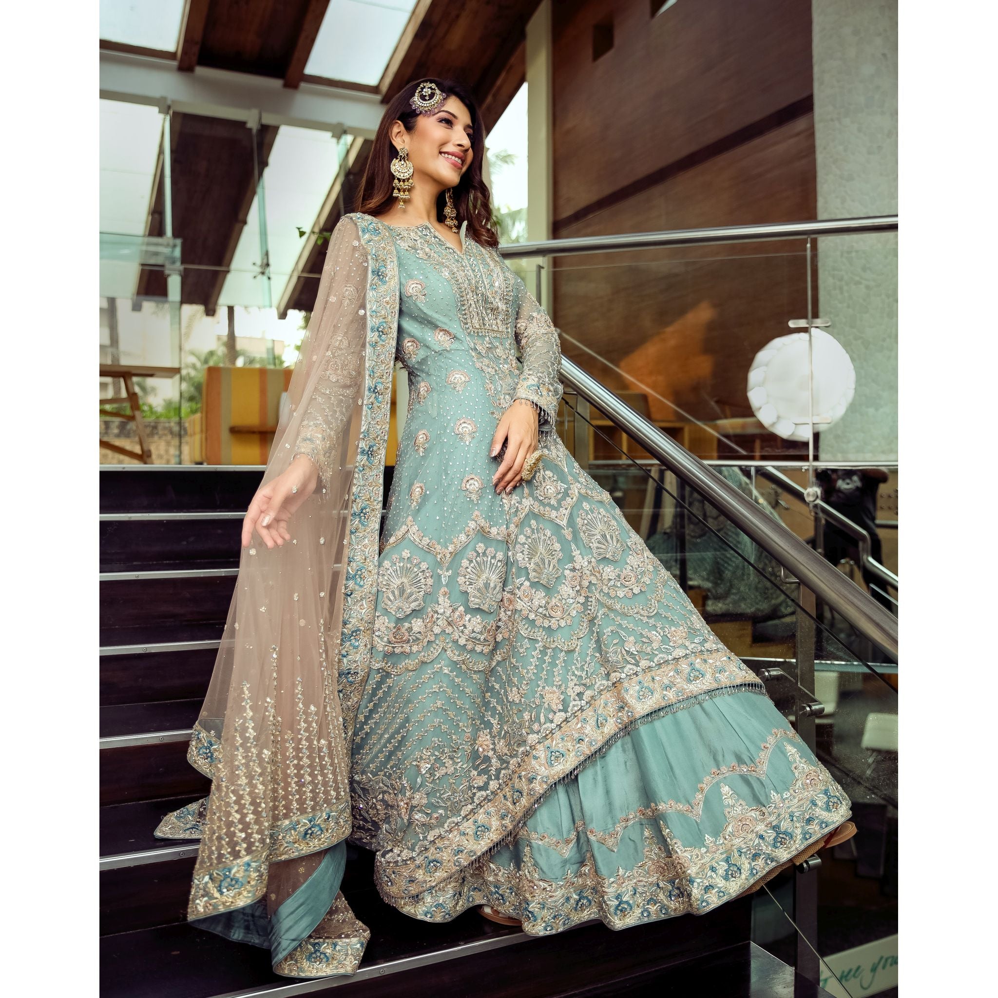 Sky Blue Persian Anarkali Lehenga - Indian Designer Bridal Wedding Outfit