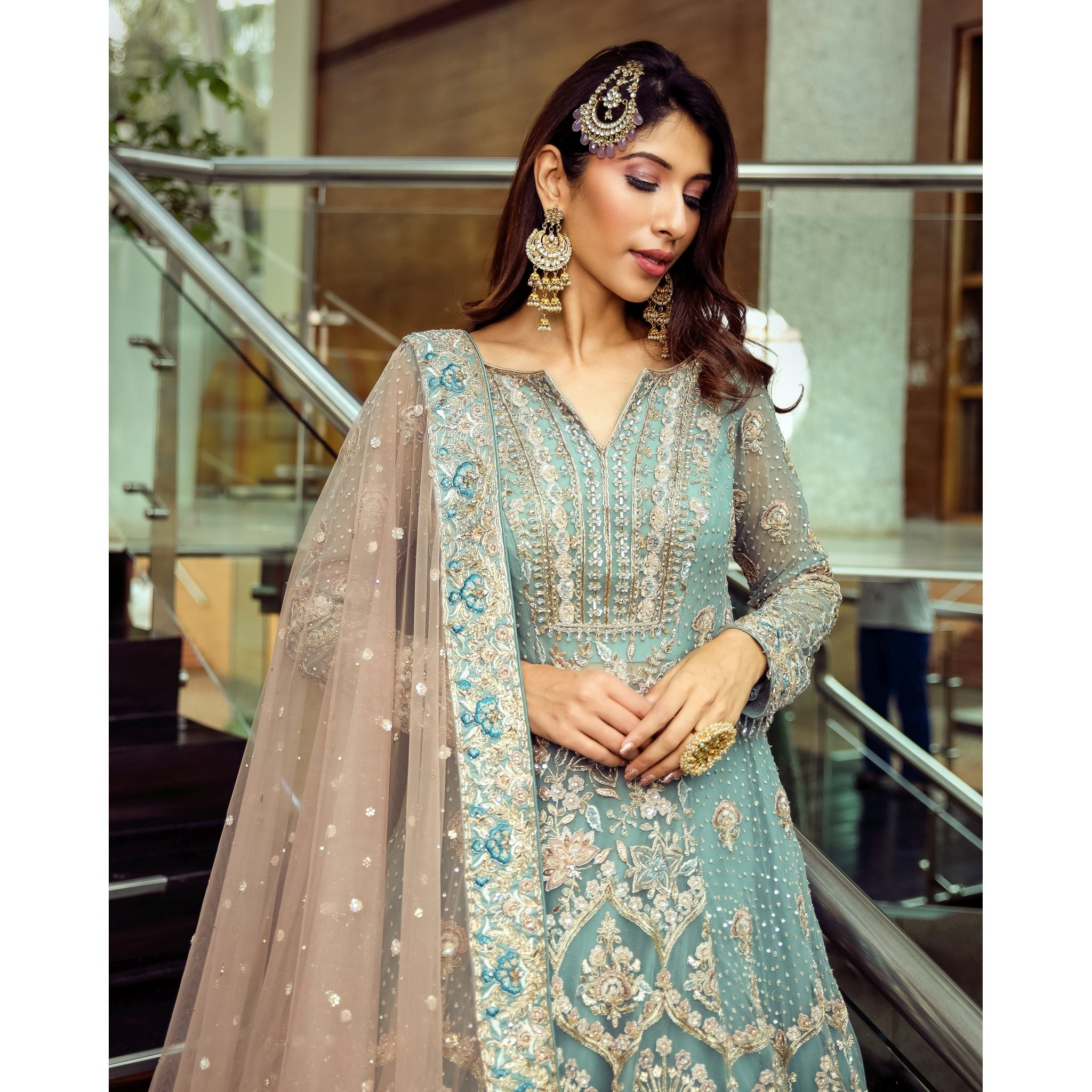 Sky Blue Persian Anarkali Lehenga - Indian Designer Bridal Wedding Outfit