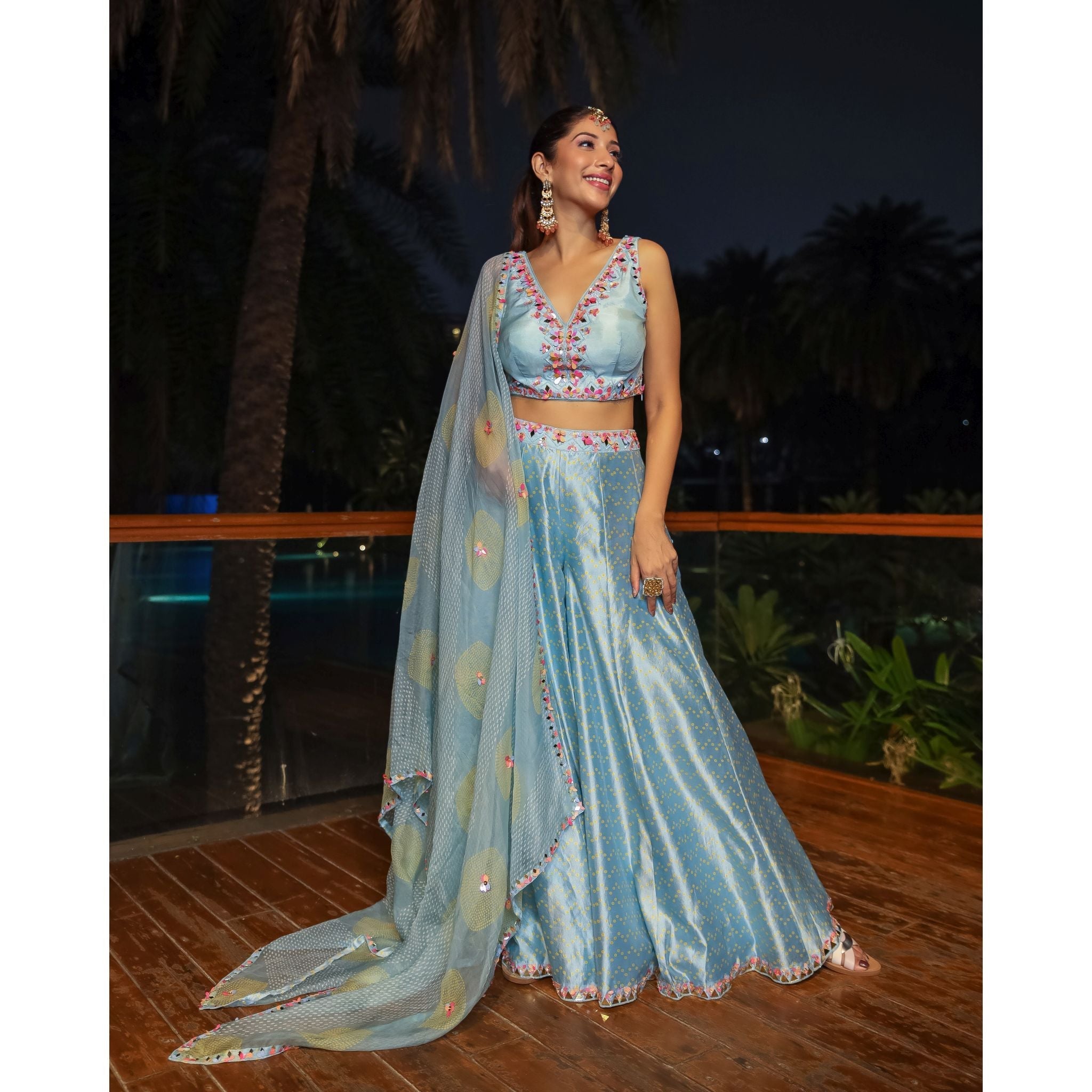 Sky Blue Printed Bandhani Palazzo Set - Indian Designer Bridal Wedding Outfit