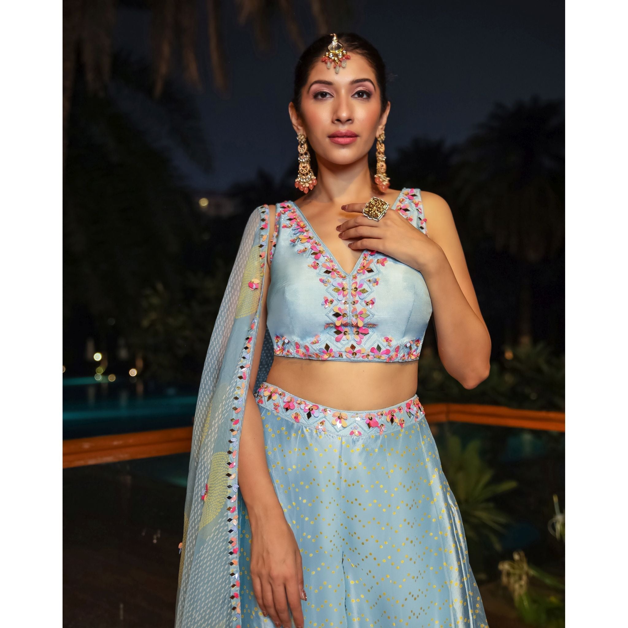 Sky Blue Printed Bandhani Palazzo Set - Indian Designer Bridal Wedding Outfit