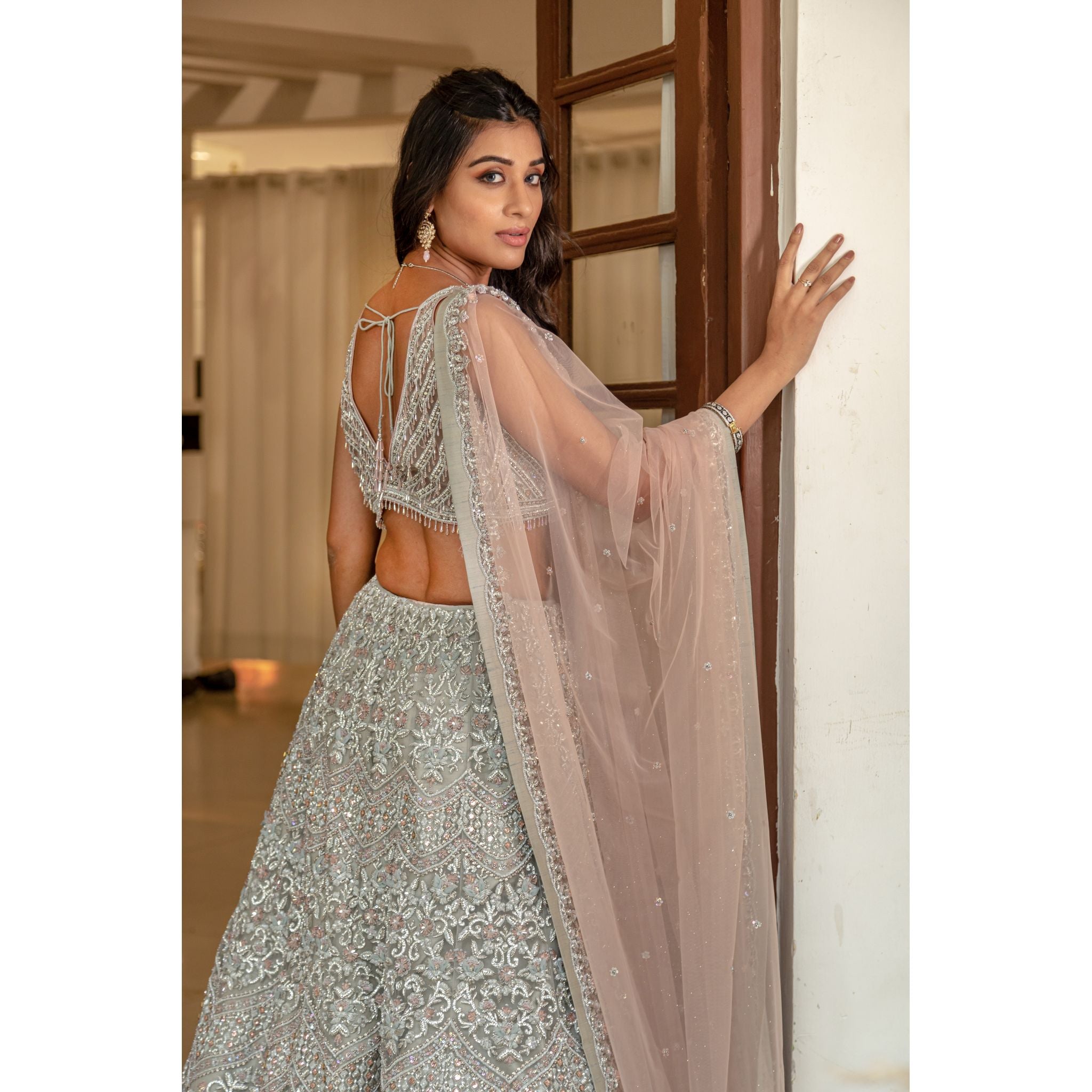 Stone Grey Silver Lehenga Set - Indian Designer Bridal Wedding Outfit