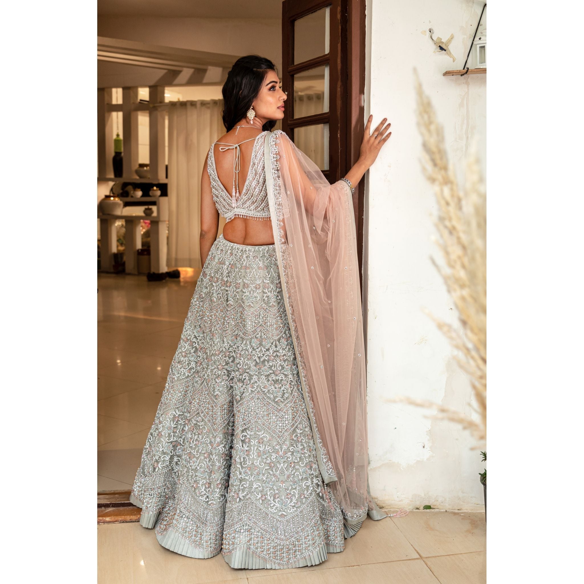Stone Grey Silver Lehenga Set - Indian Designer Bridal Wedding Outfit