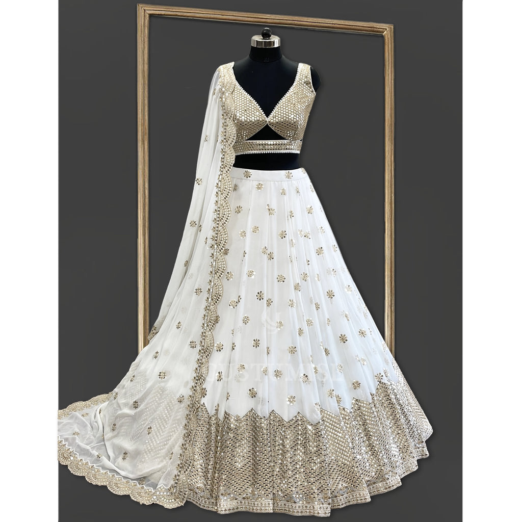 Beautiful Sugar White And Gold Embroidered Lehenga – Zari Banaras