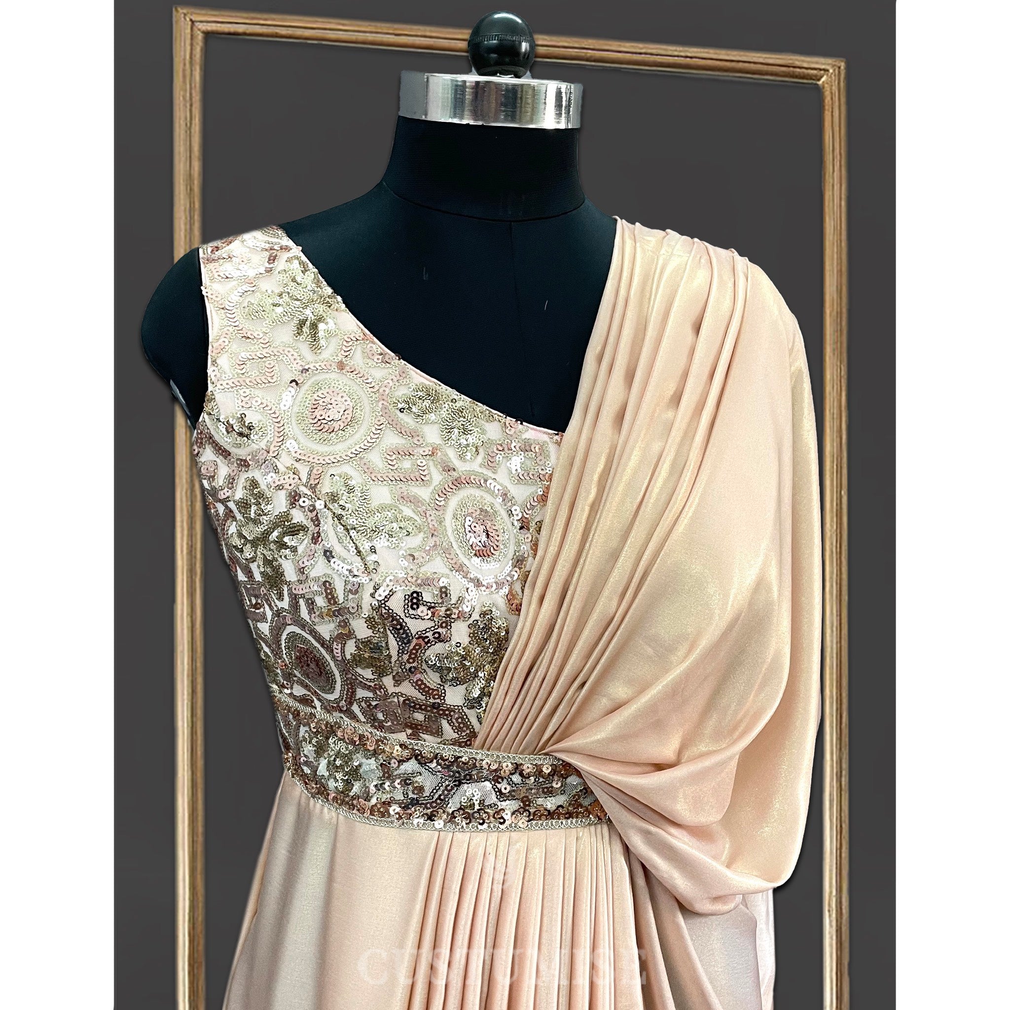 Stylish Draped Splendor-Rose gold Saree gown - Indian Designer Bridal Wedding Outfit