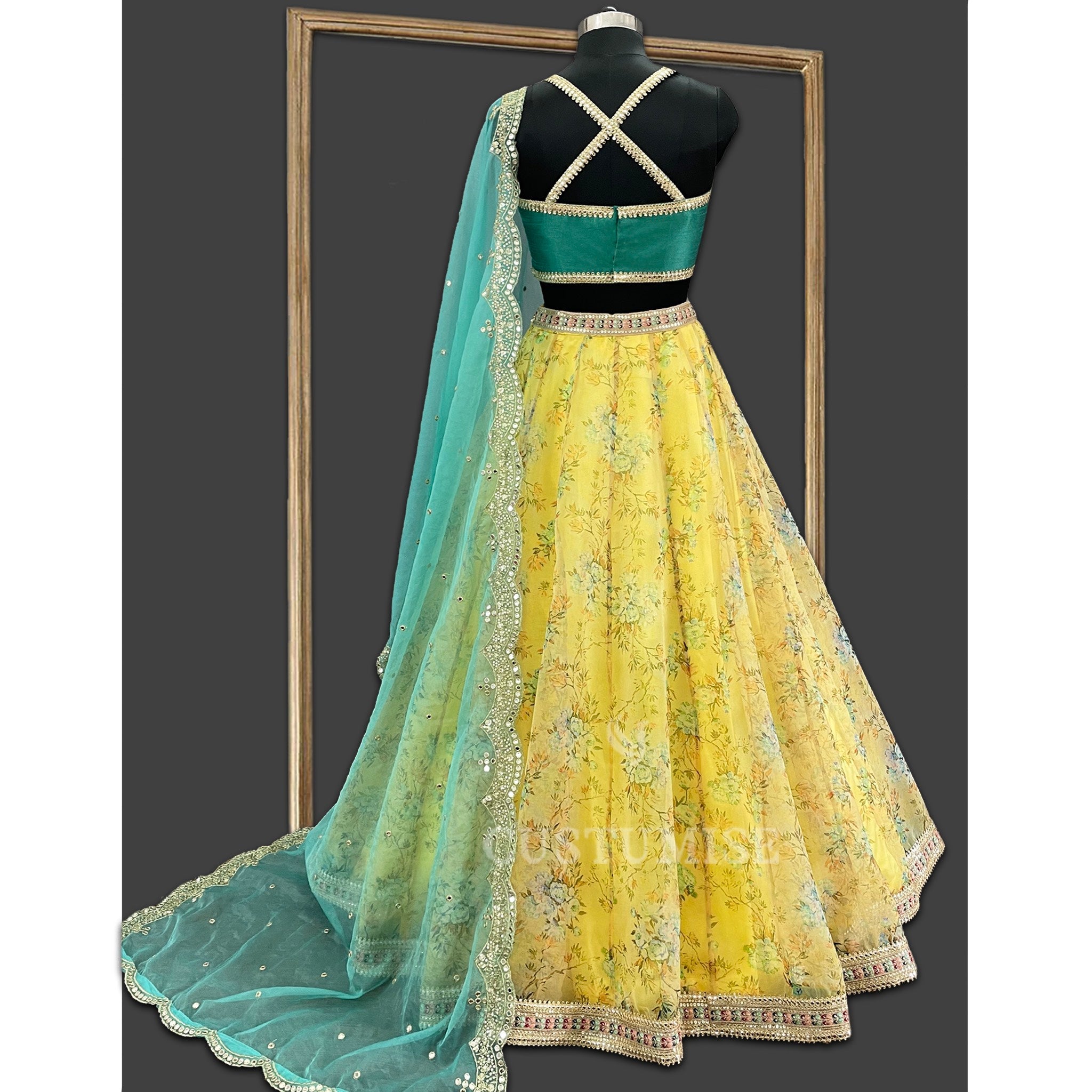 Sunshine & Teal Elegance: Printed Organza Lehenga - Indian Designer Bridal Wedding Outfit