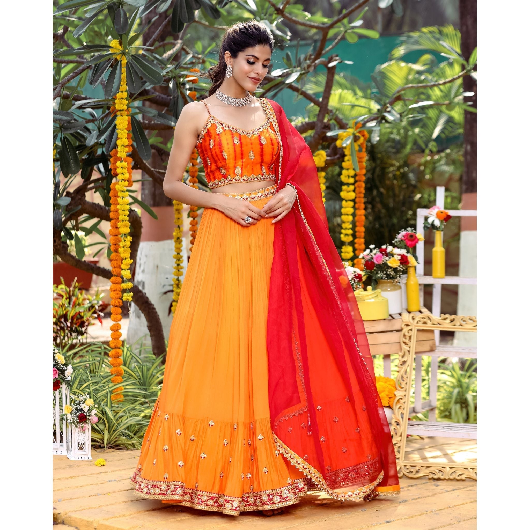 Tangerine Tie-Dye Lehenga Set - Indian Designer Bridal Wedding Outfit