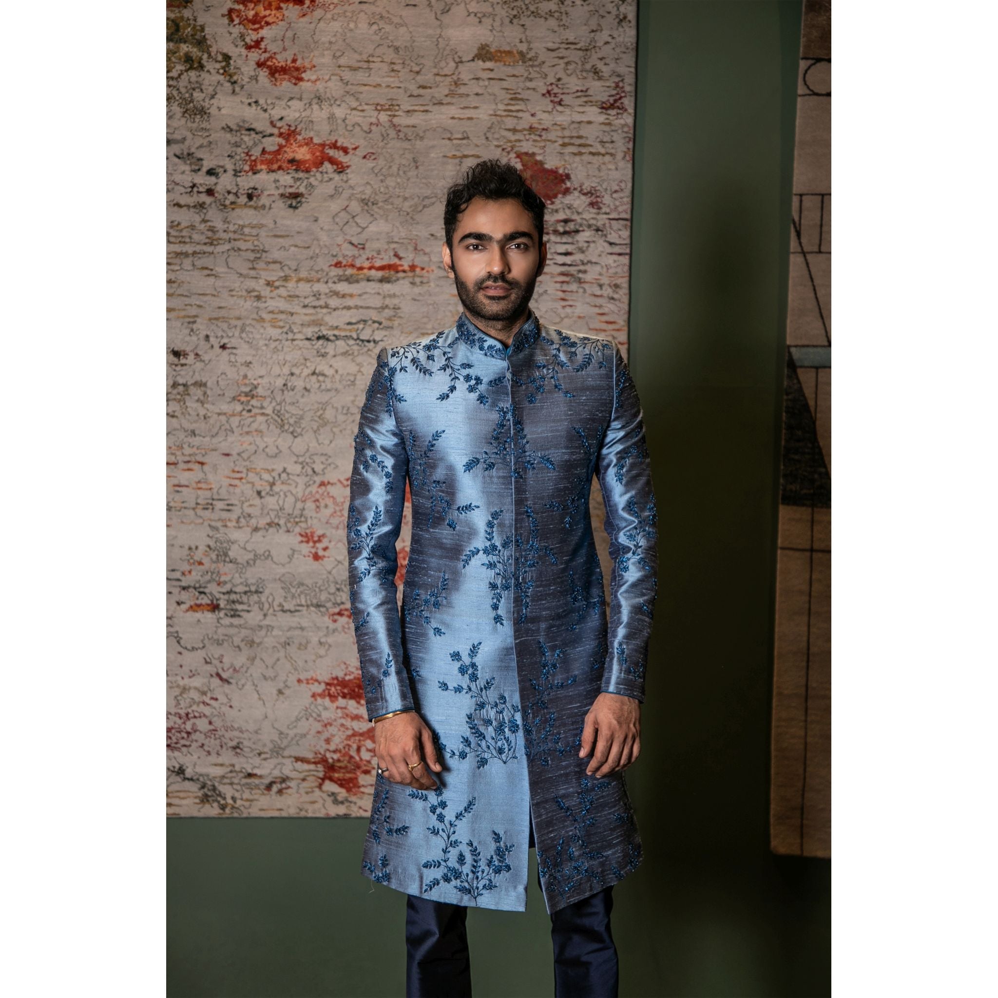 Teal And Navy Blue Embroidered Sherwani - Indian Designer Bridal Wedding Outfit