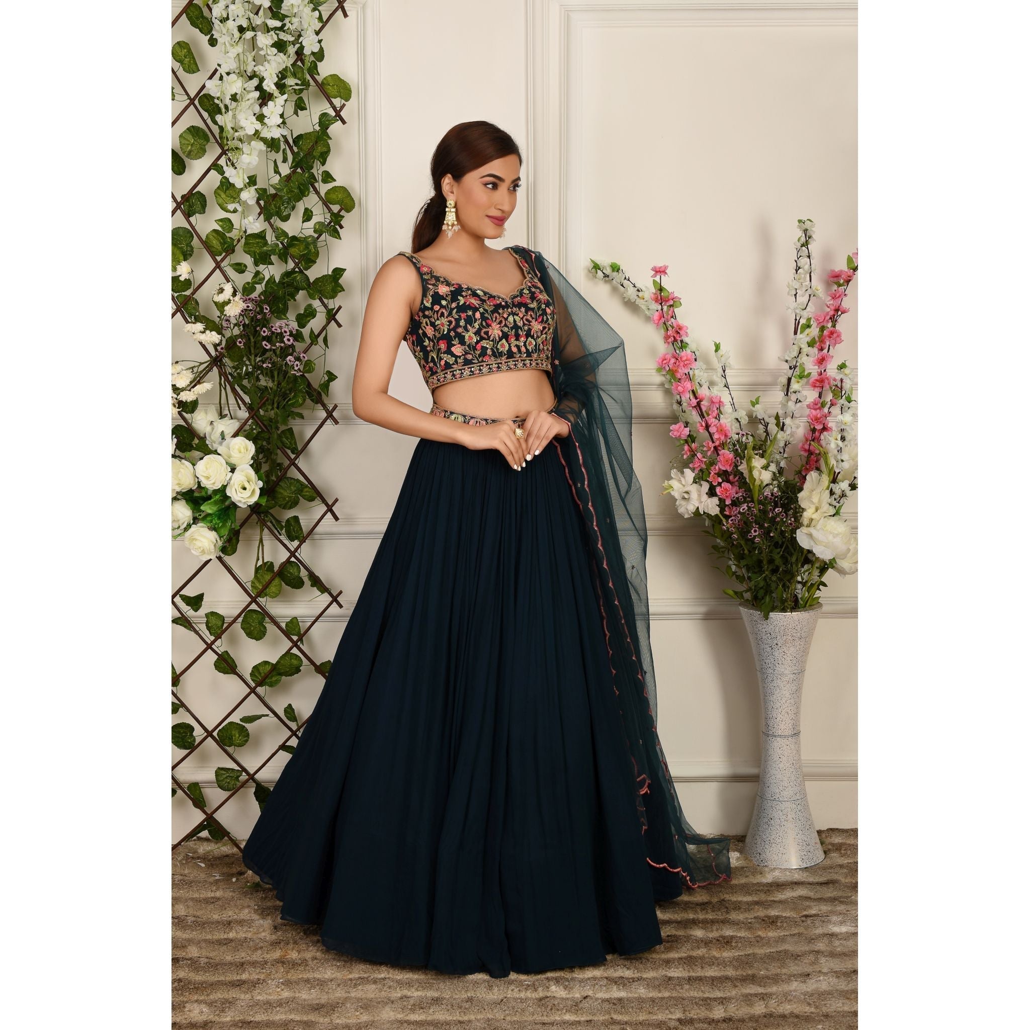 Teal Blue Floral Lehenga Set - Indian Designer Bridal Wedding Outfit