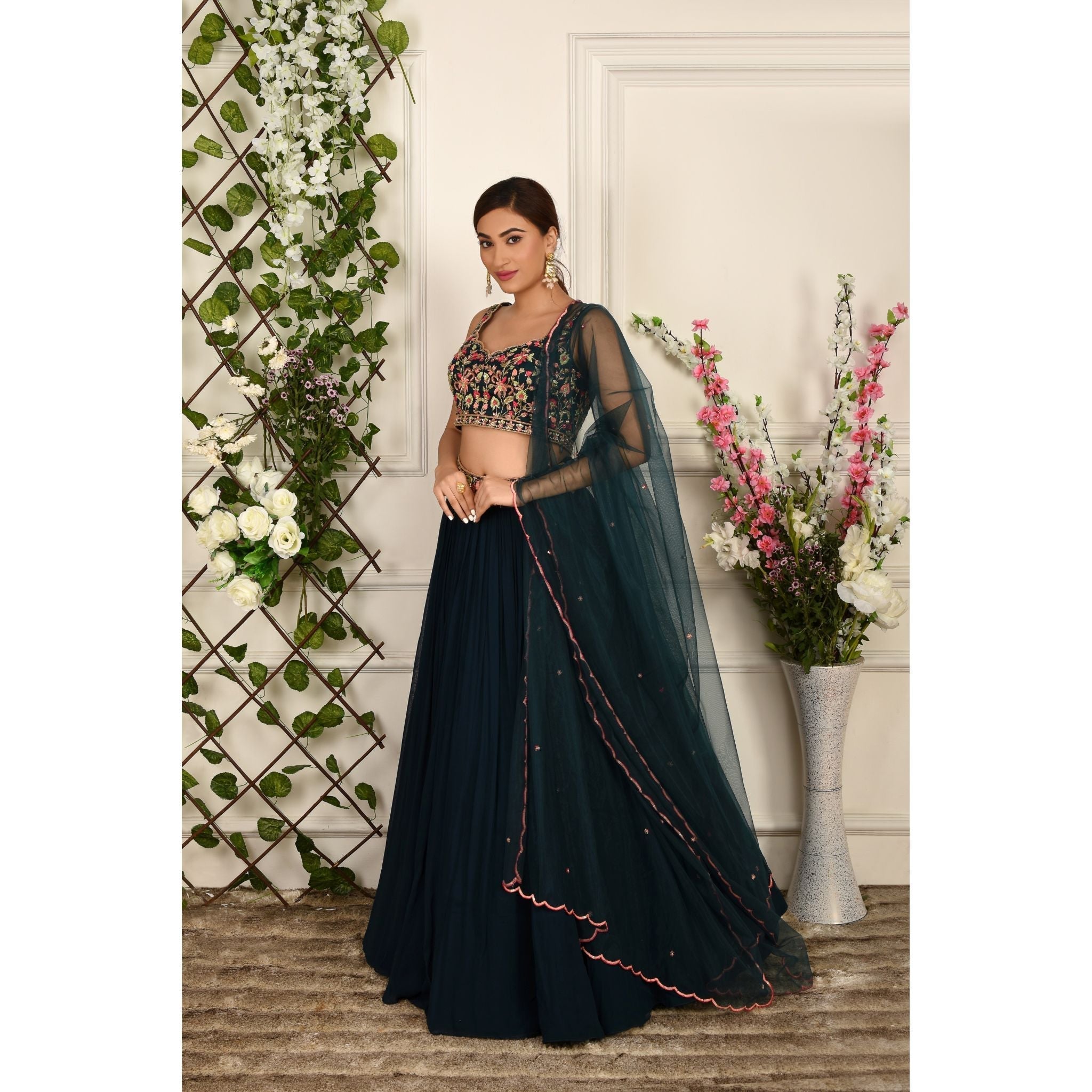Teal Blue Floral Lehenga Set - Indian Designer Bridal Wedding Outfit