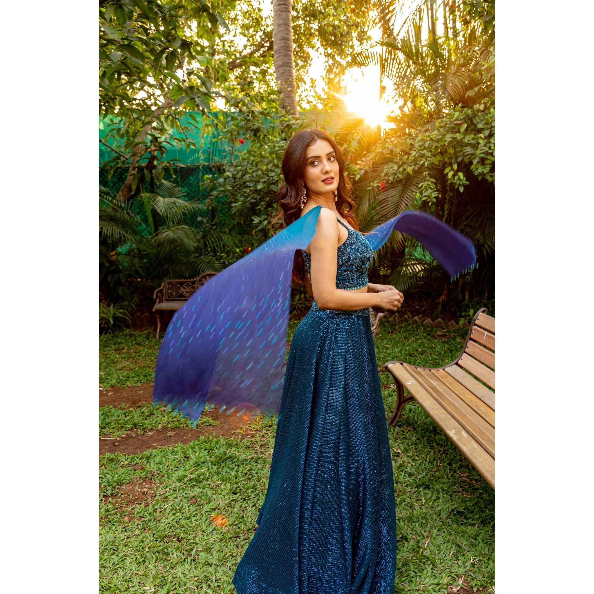 Teal Blue Linear Sequinned Lehenga Set - Indian Designer Bridal Wedding Outfit
