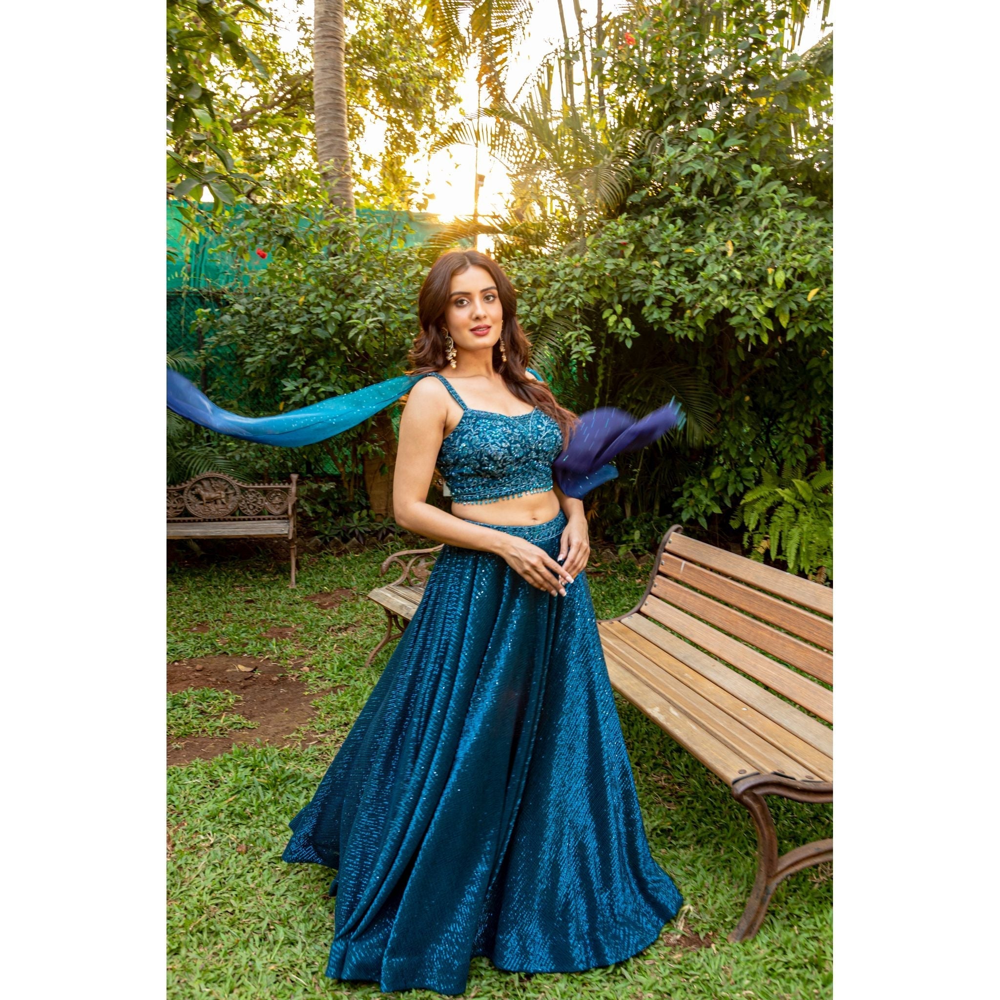 Teal Blue Linear Sequinned Lehenga Set - Indian Designer Bridal Wedding Outfit