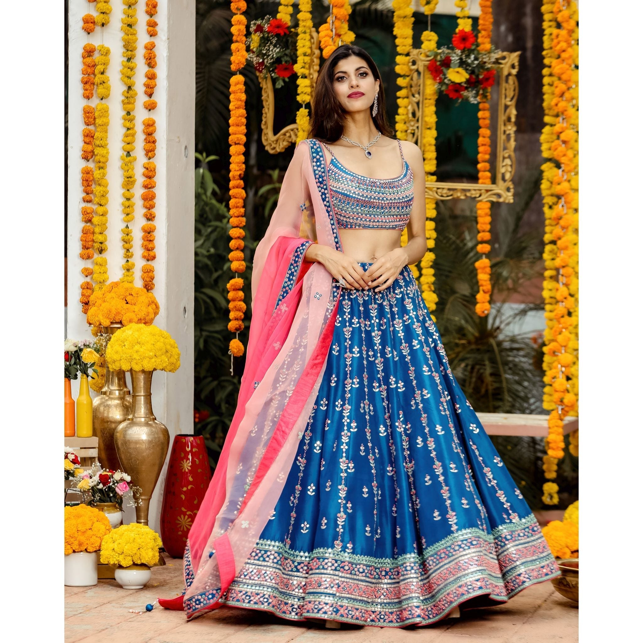 Teal Blue Mirrorwork Lehenga Set - Indian Designer Bridal Wedding Outfit