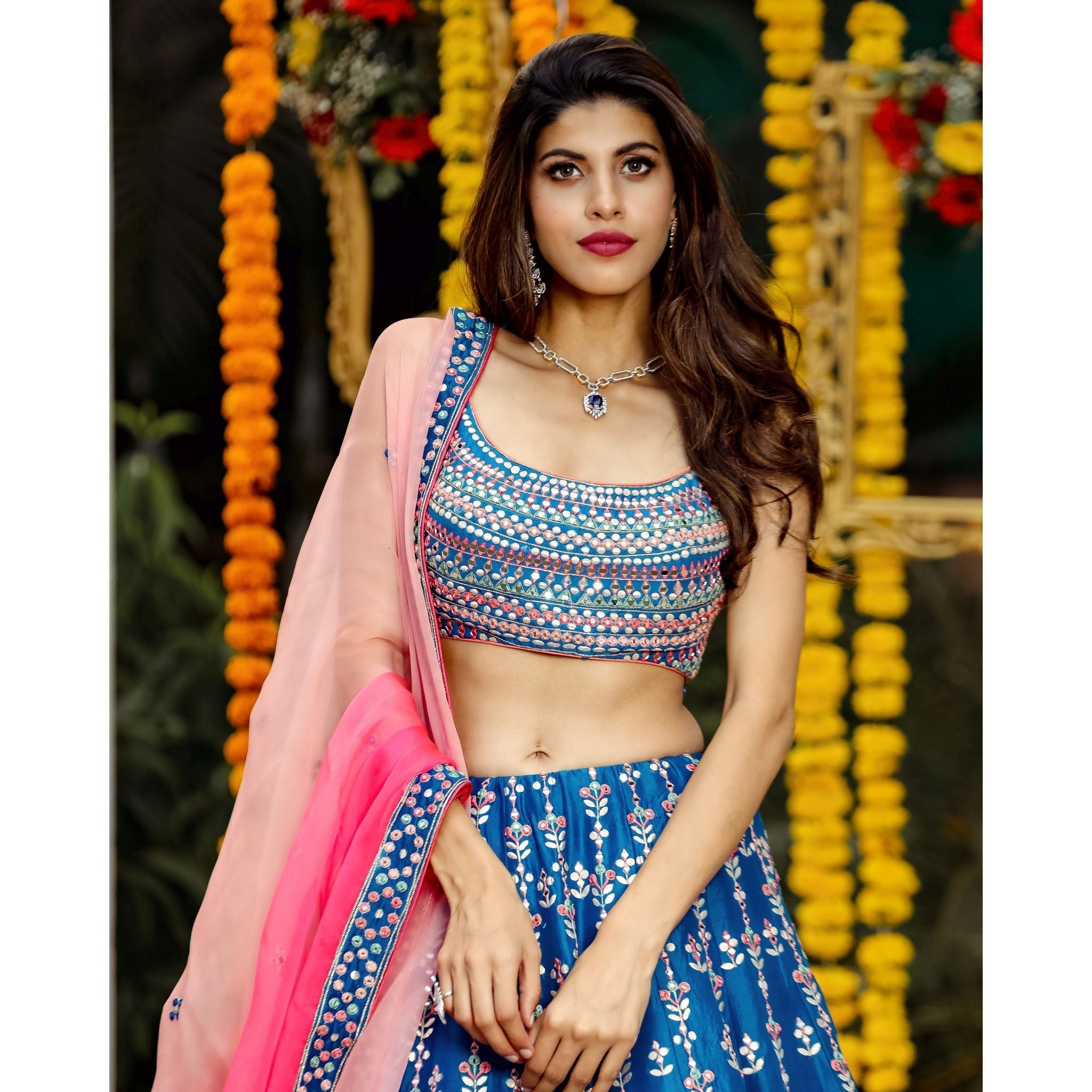 Teal Blue Mirrorwork Lehenga Set - Indian Designer Bridal Wedding Outfit