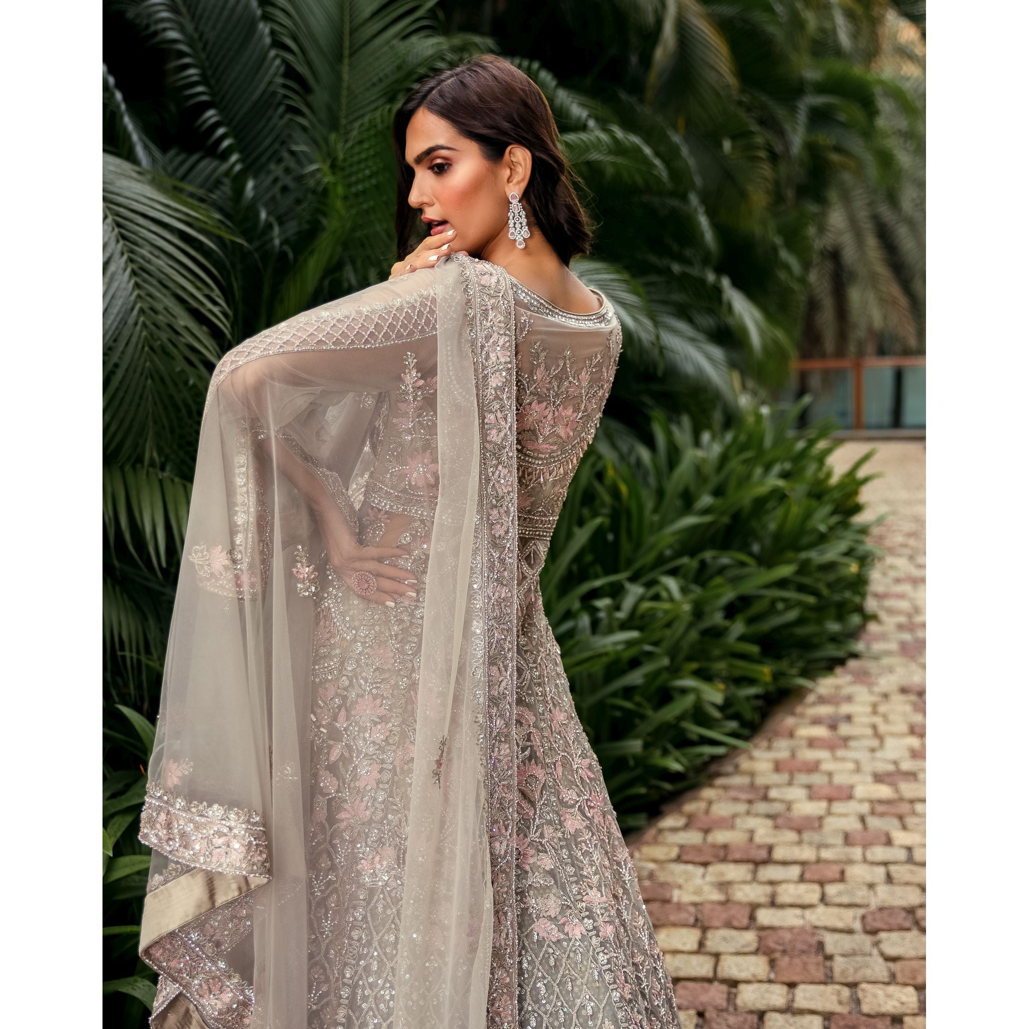 Teal Grey Mughal Bagh Anarkali Lehenga - Indian Designer Bridal Wedding Outfit