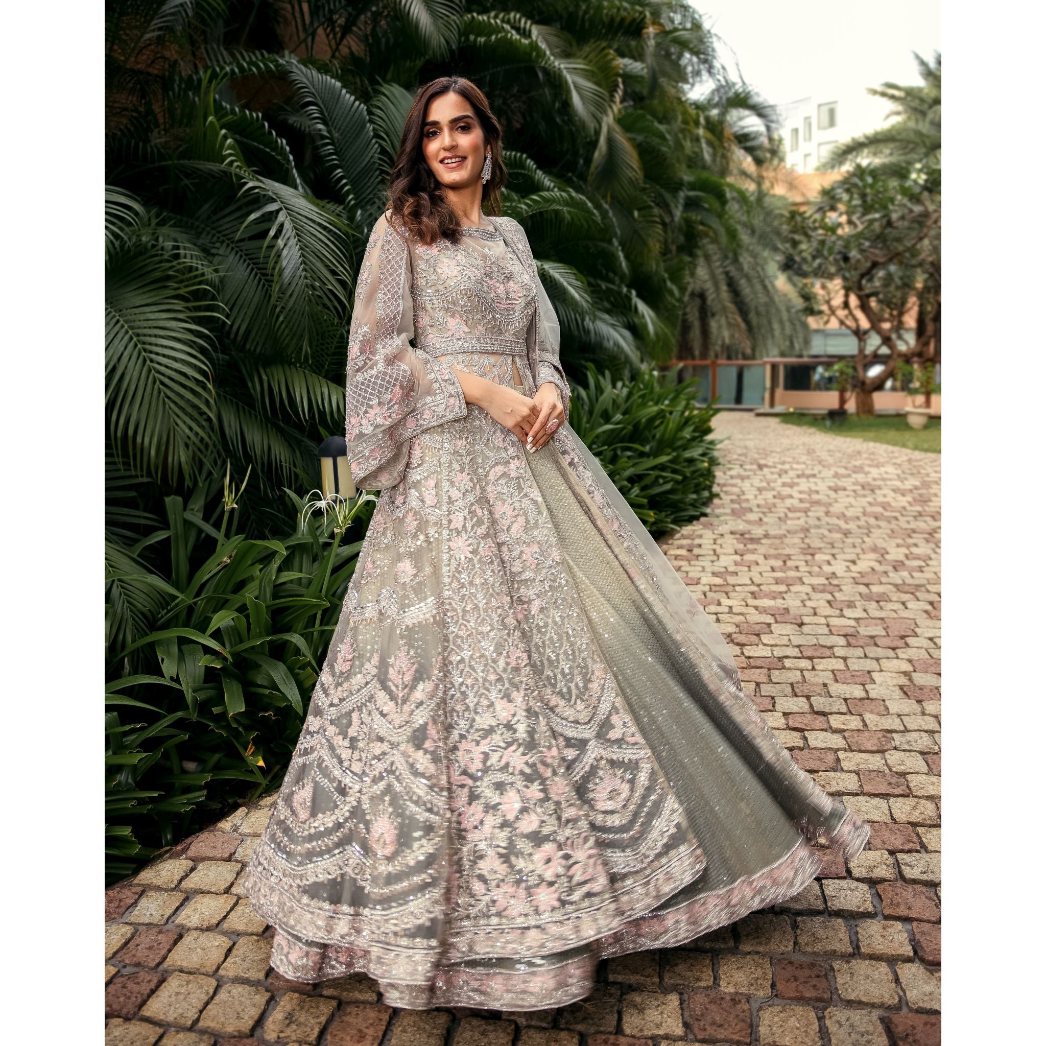 Teal Grey Mughal Bagh Anarkali Lehenga - Indian Designer Bridal Wedding Outfit