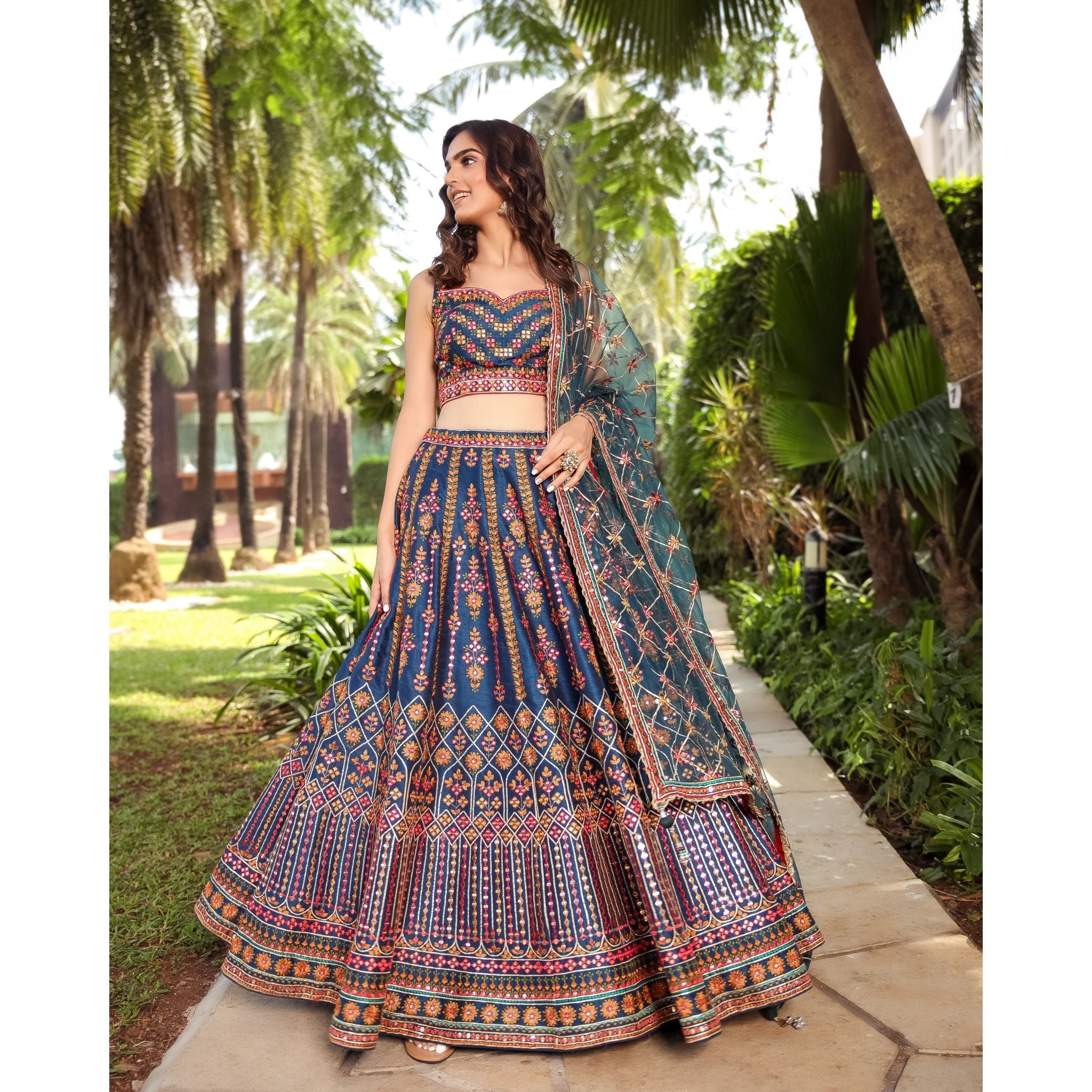 Teal Indigo Mirrorwork Lehenga - Indian Designer Bridal Wedding Outfit