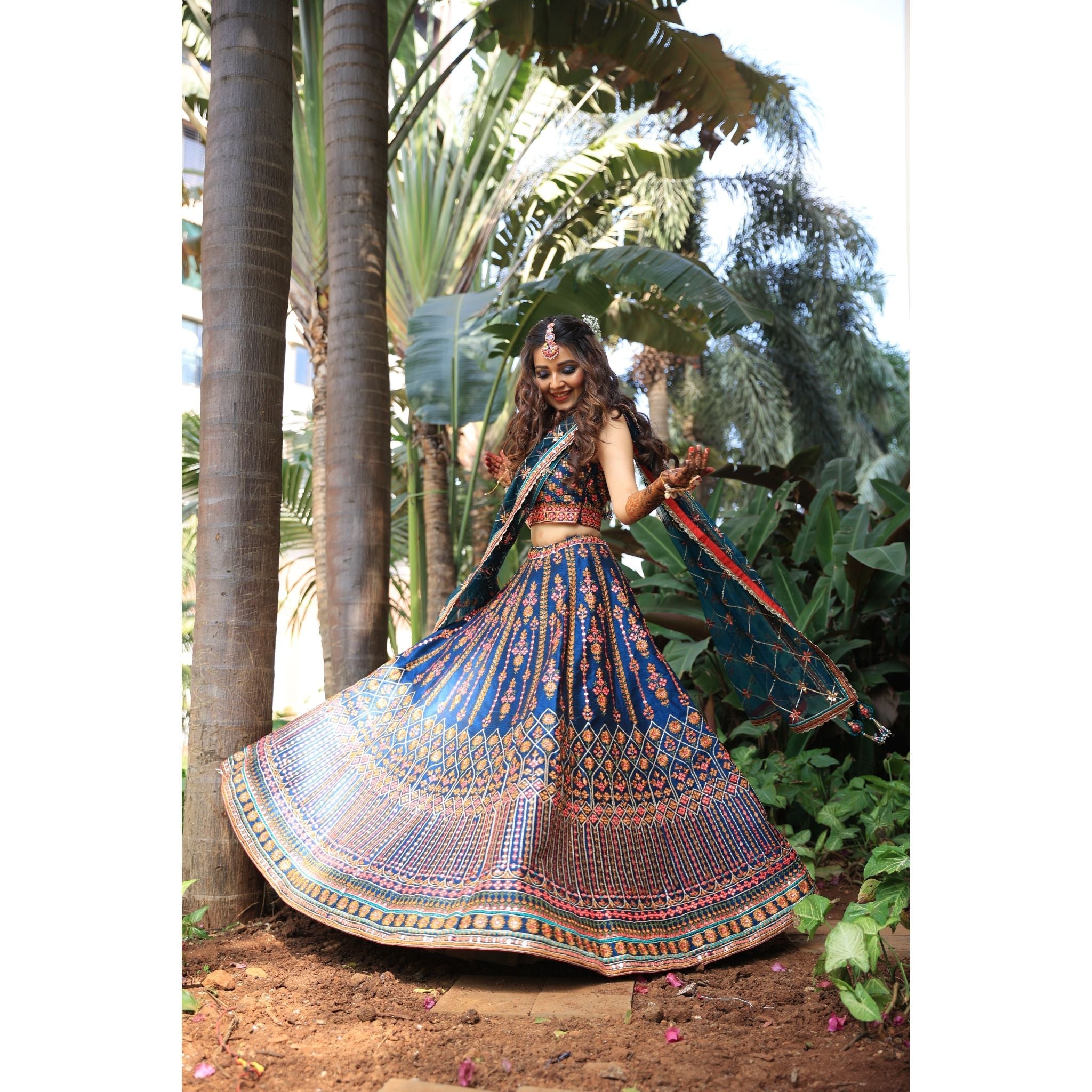 Teal Indigo Mirrorwork Lehenga - Indian Designer Bridal Wedding Outfit