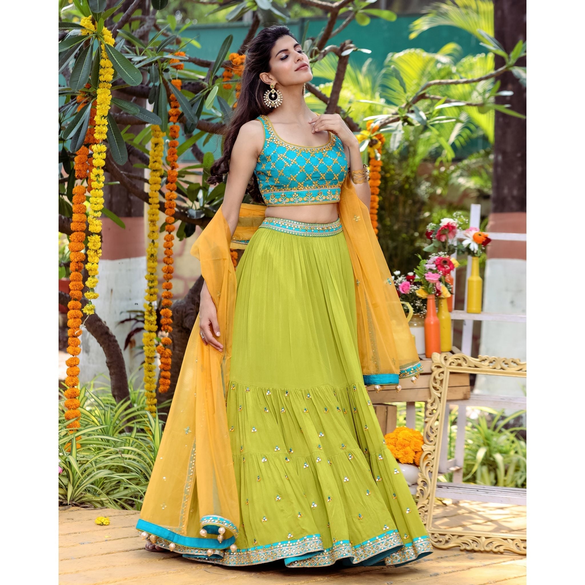Turquoise And Green Mirrorwork Lehenga Set - Indian Designer Bridal Wedding Outfit