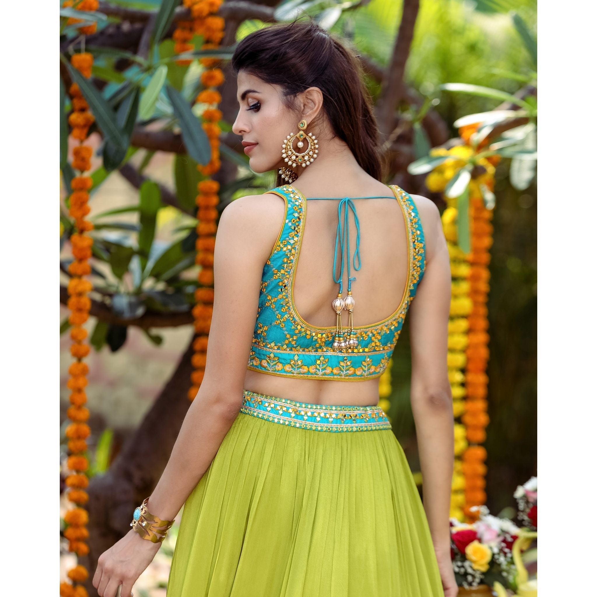 Turquoise And Green Mirrorwork Lehenga Set - Indian Designer Bridal Wedding Outfit