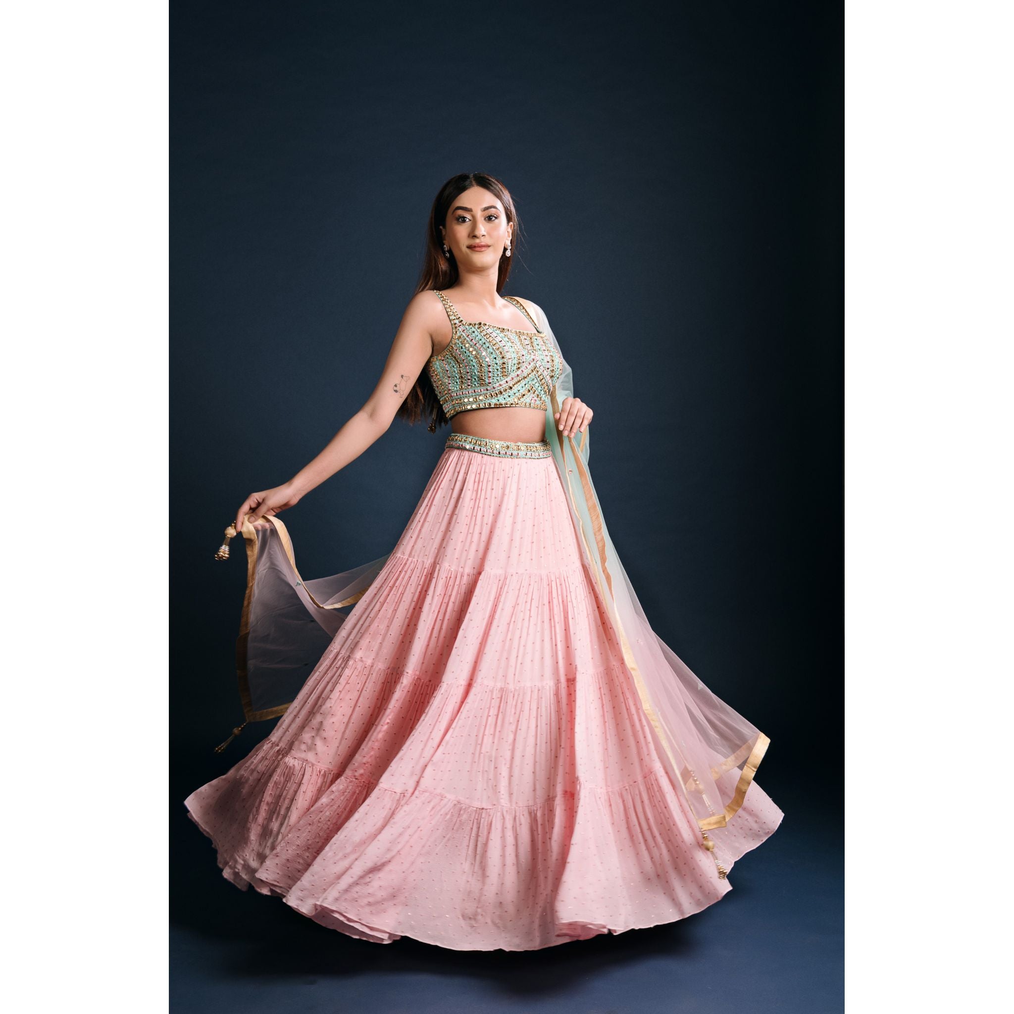 Turquoise And Pink Tiered Lehenga Set - Indian Designer Bridal Wedding Outfit