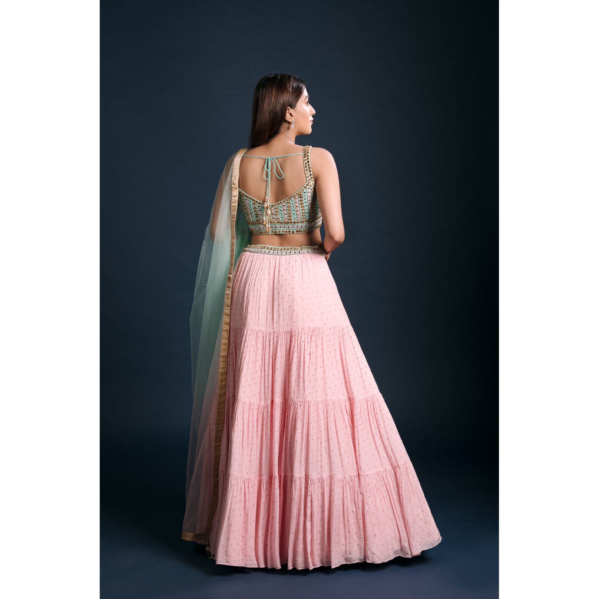 Turquoise And Pink Tiered Lehenga Set - Indian Designer Bridal Wedding Outfit