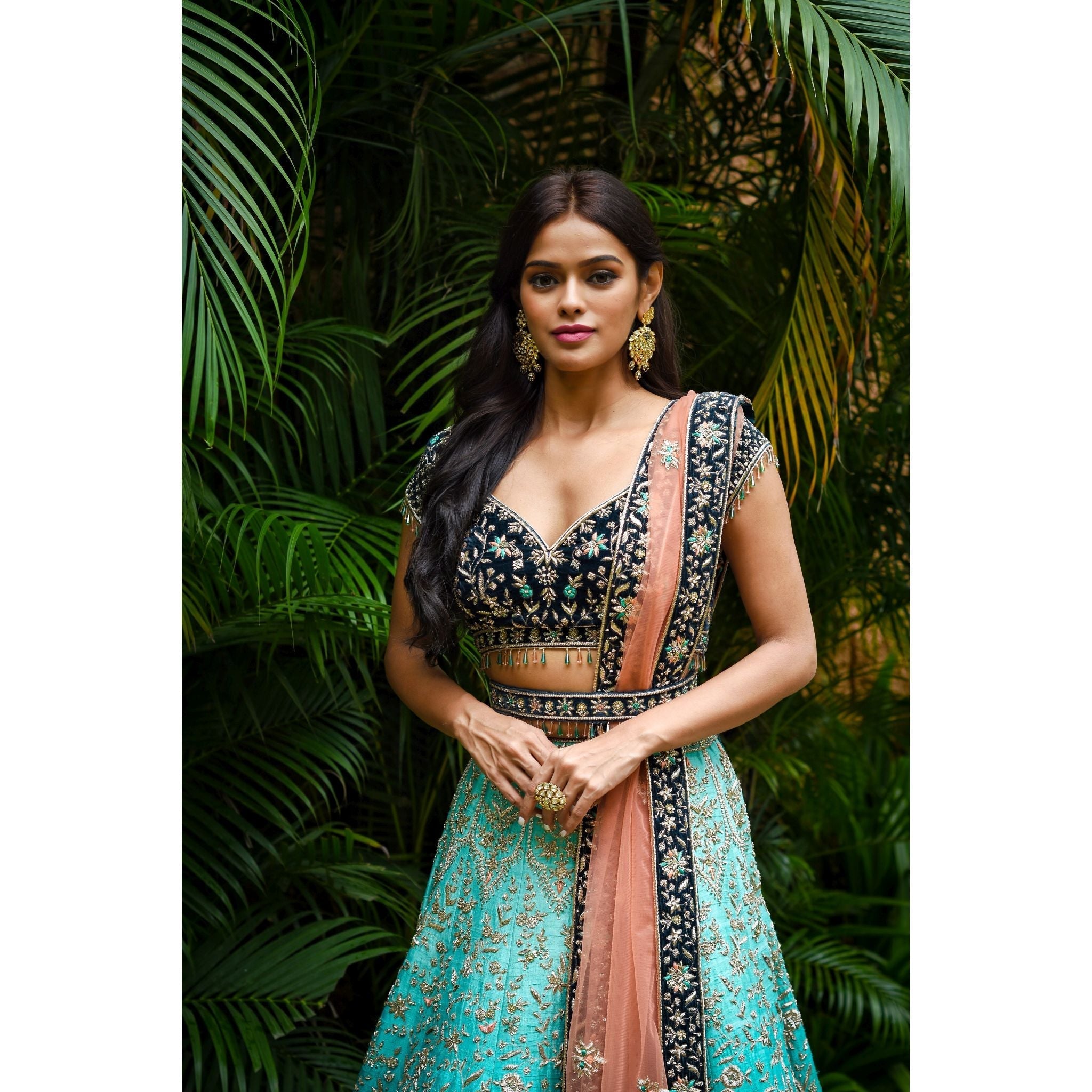 Turquoise Teal Archaic Lehenga Set - Indian Designer Bridal Wedding Outfit