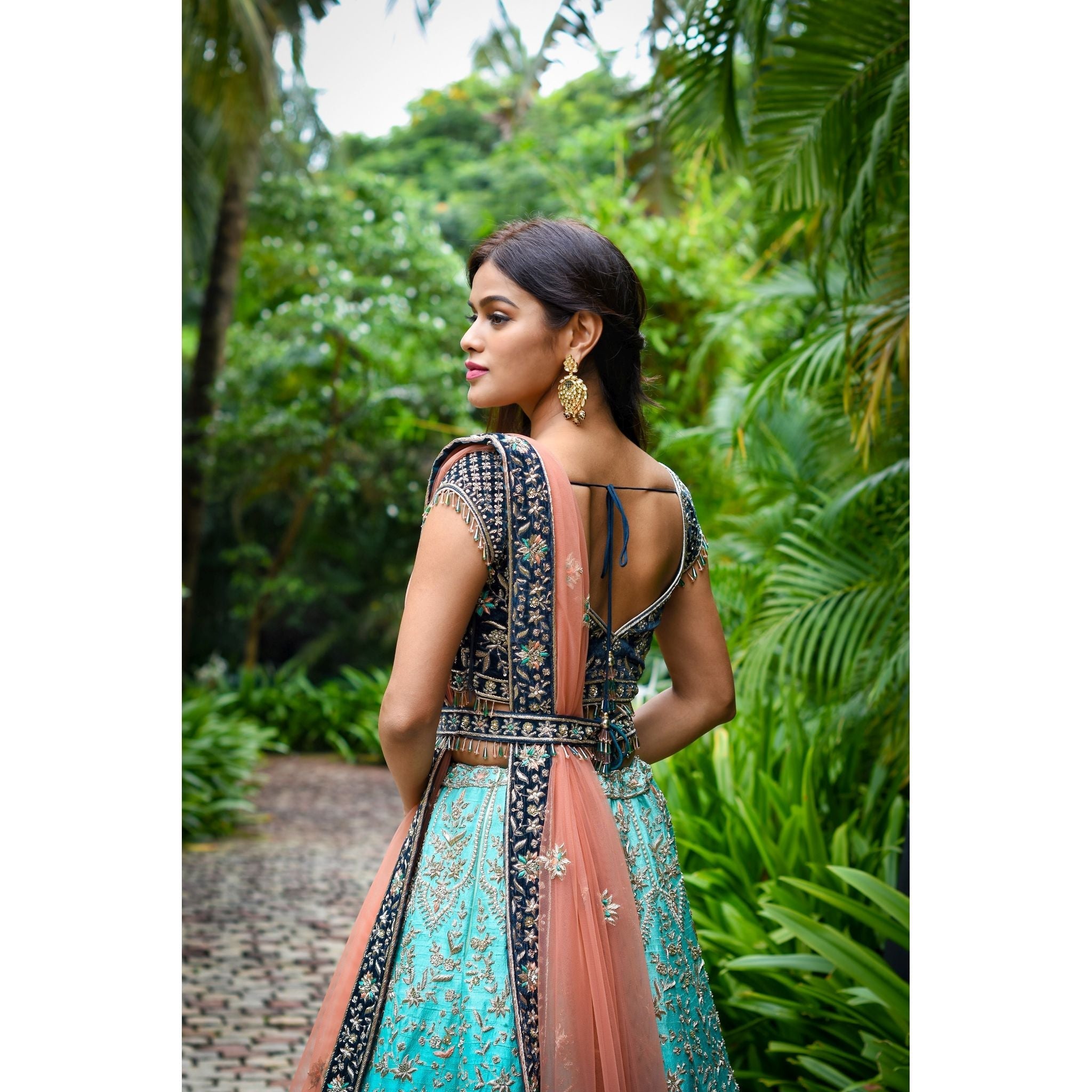 Turquoise Teal Archaic Lehenga Set - Indian Designer Bridal Wedding Outfit
