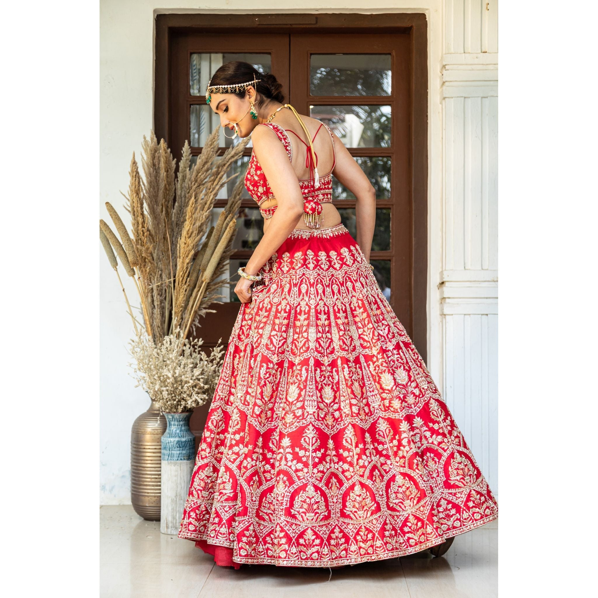 Venetian Red Floral Arch Lehenga Set - Indian Designer Bridal Wedding Outfit