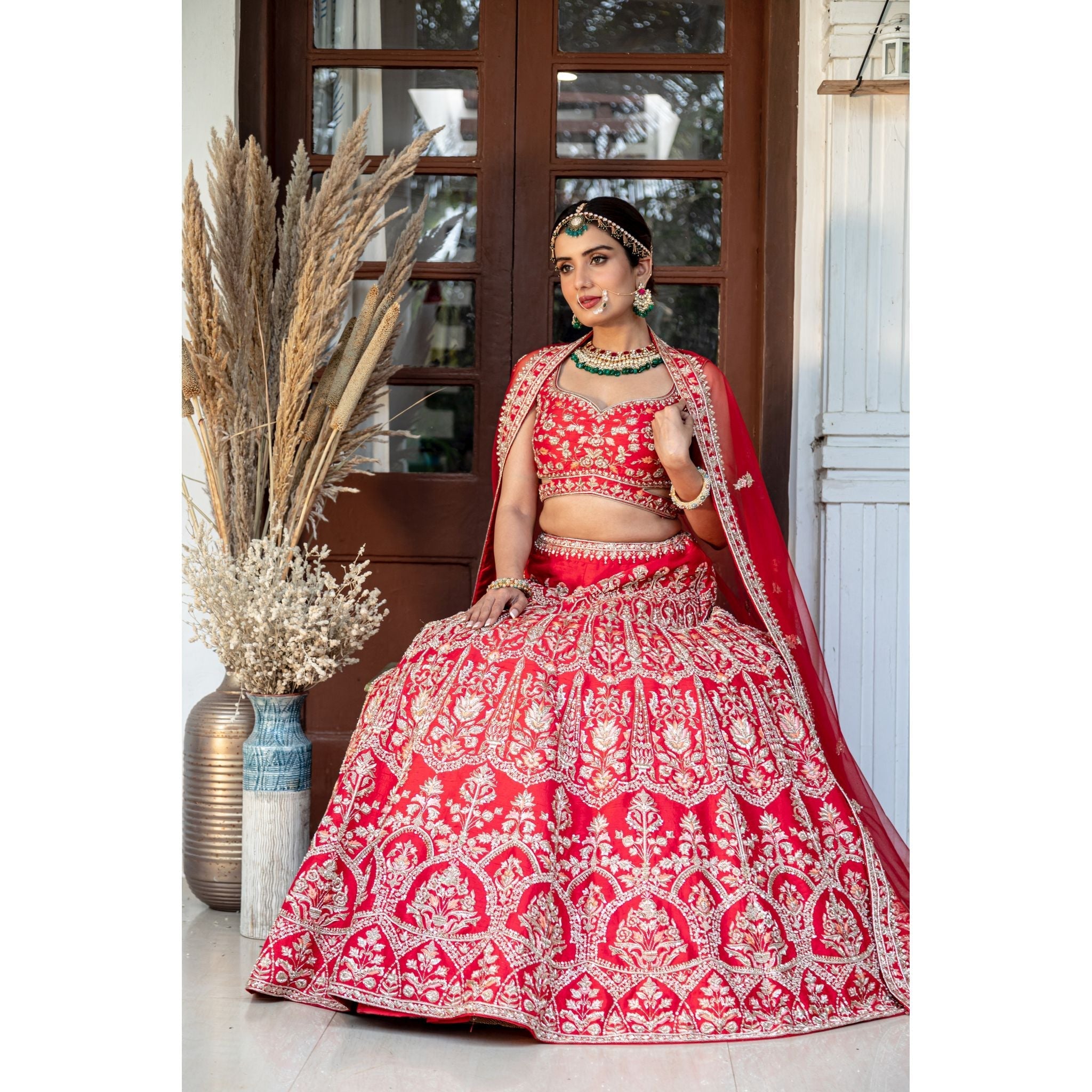 Venetian Red Floral Arch Lehenga Set - Indian Designer Bridal Wedding Outfit