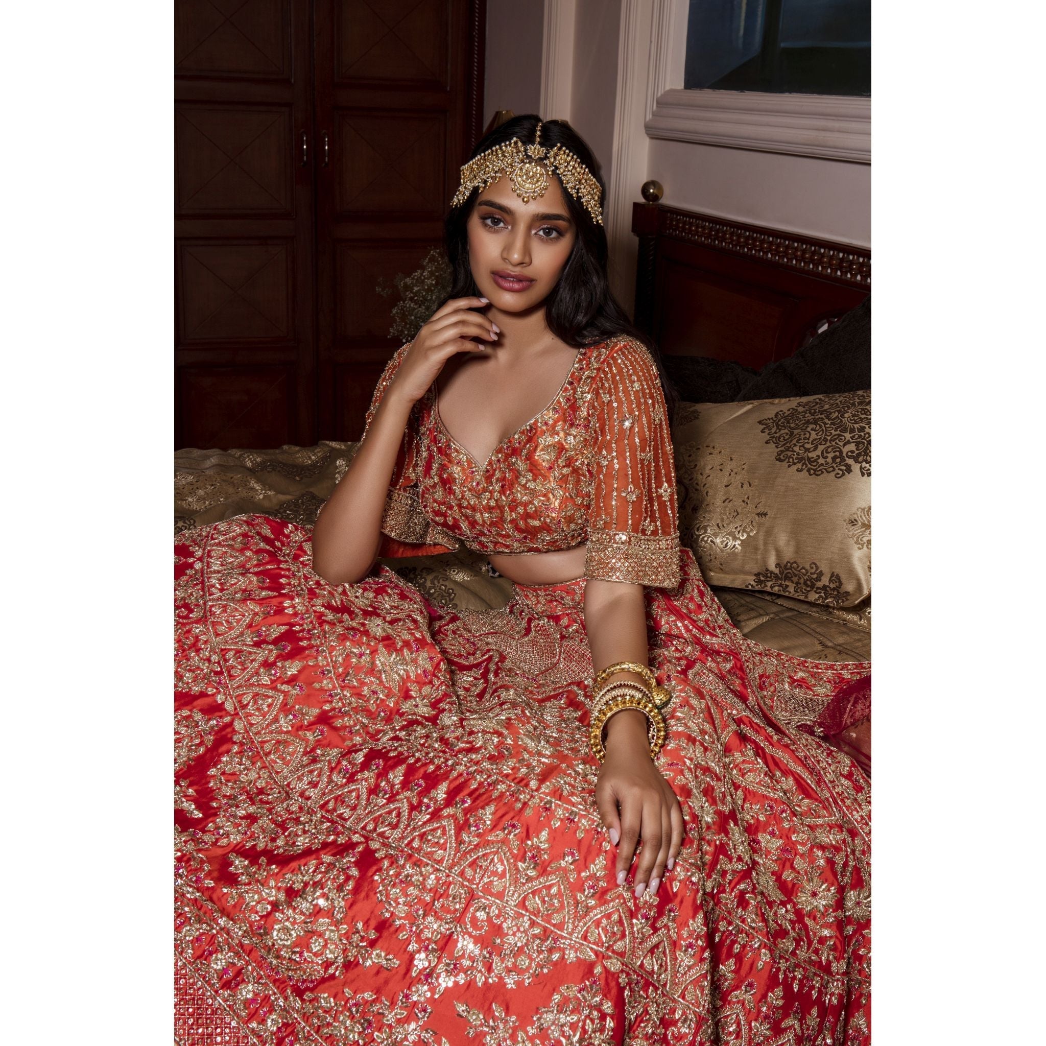 Vermillion Orange Intricate Mughal Embroidered Lehenga Set - Indian Designer Bridal Wedding Outfit