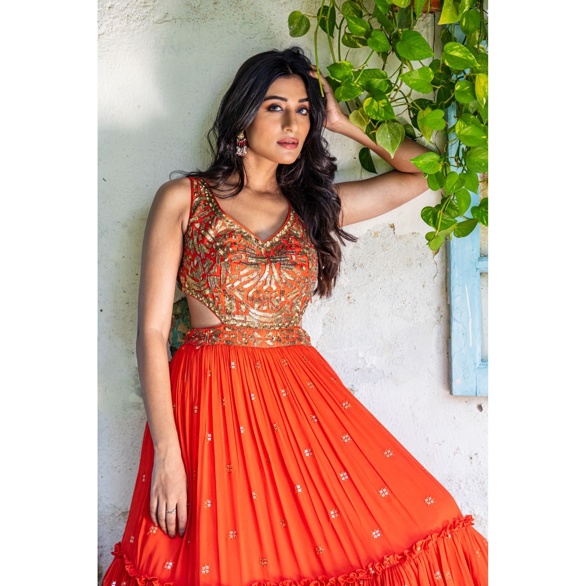 Vermillion Orange Tiered Gown - Indian Designer Bridal Wedding Outfit