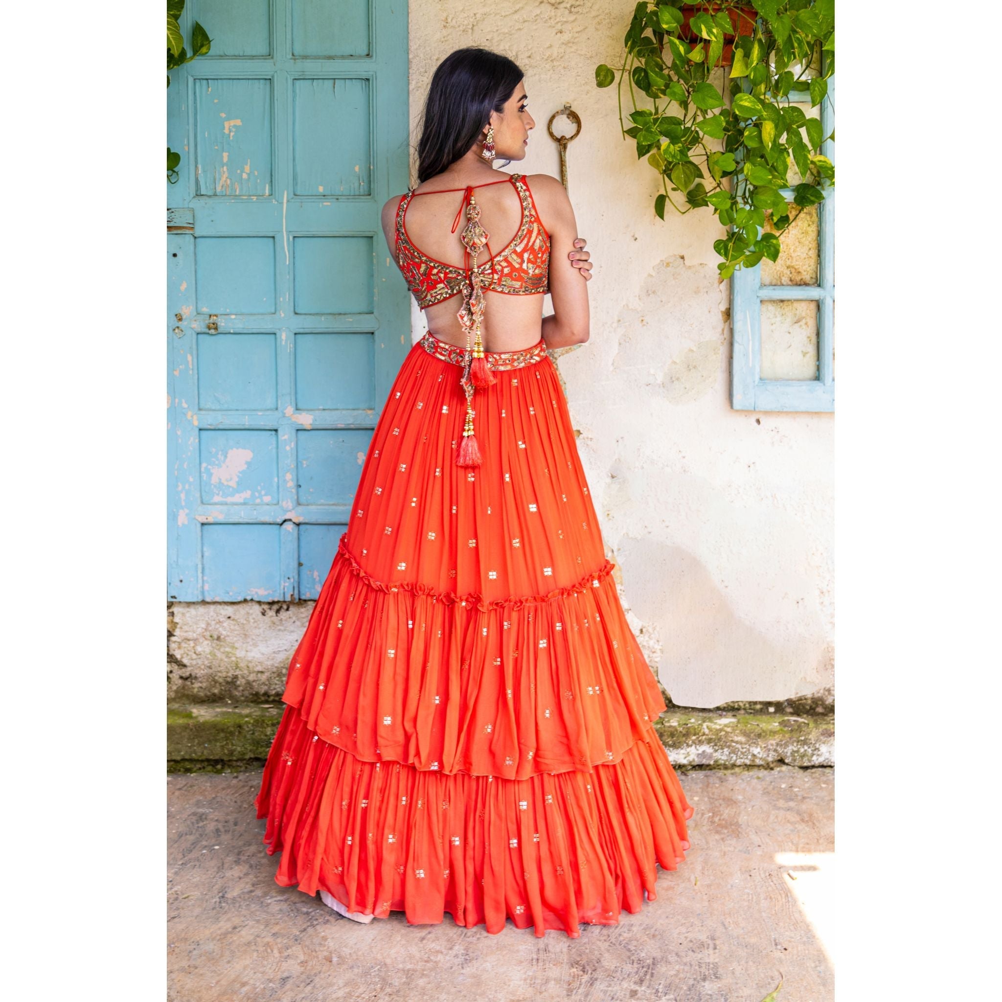 Vermillion Orange Tiered Gown - Indian Designer Bridal Wedding Outfit