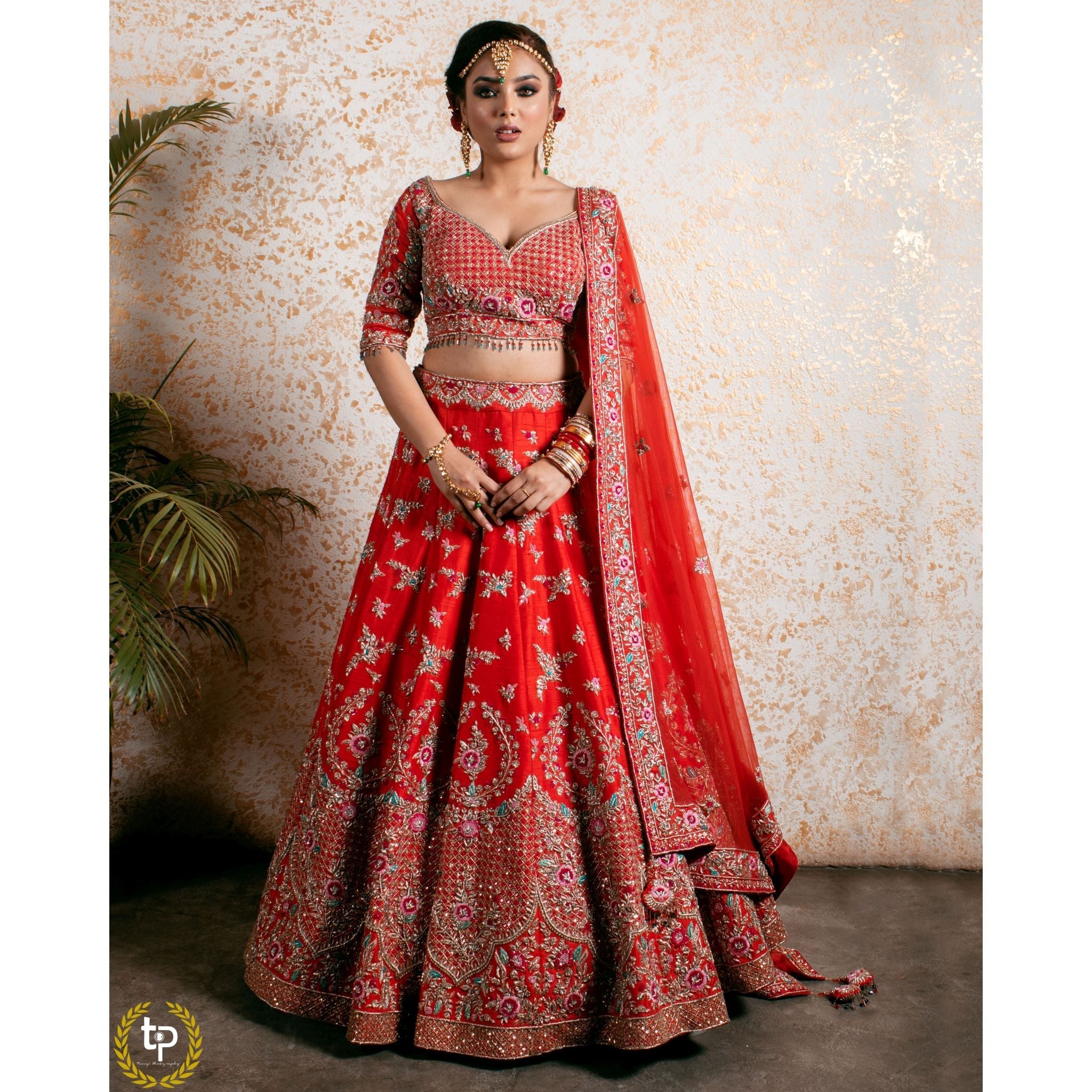 Vermillion Red Abstract Red Lehenga Set - Indian Designer Bridal Wedding Outfit