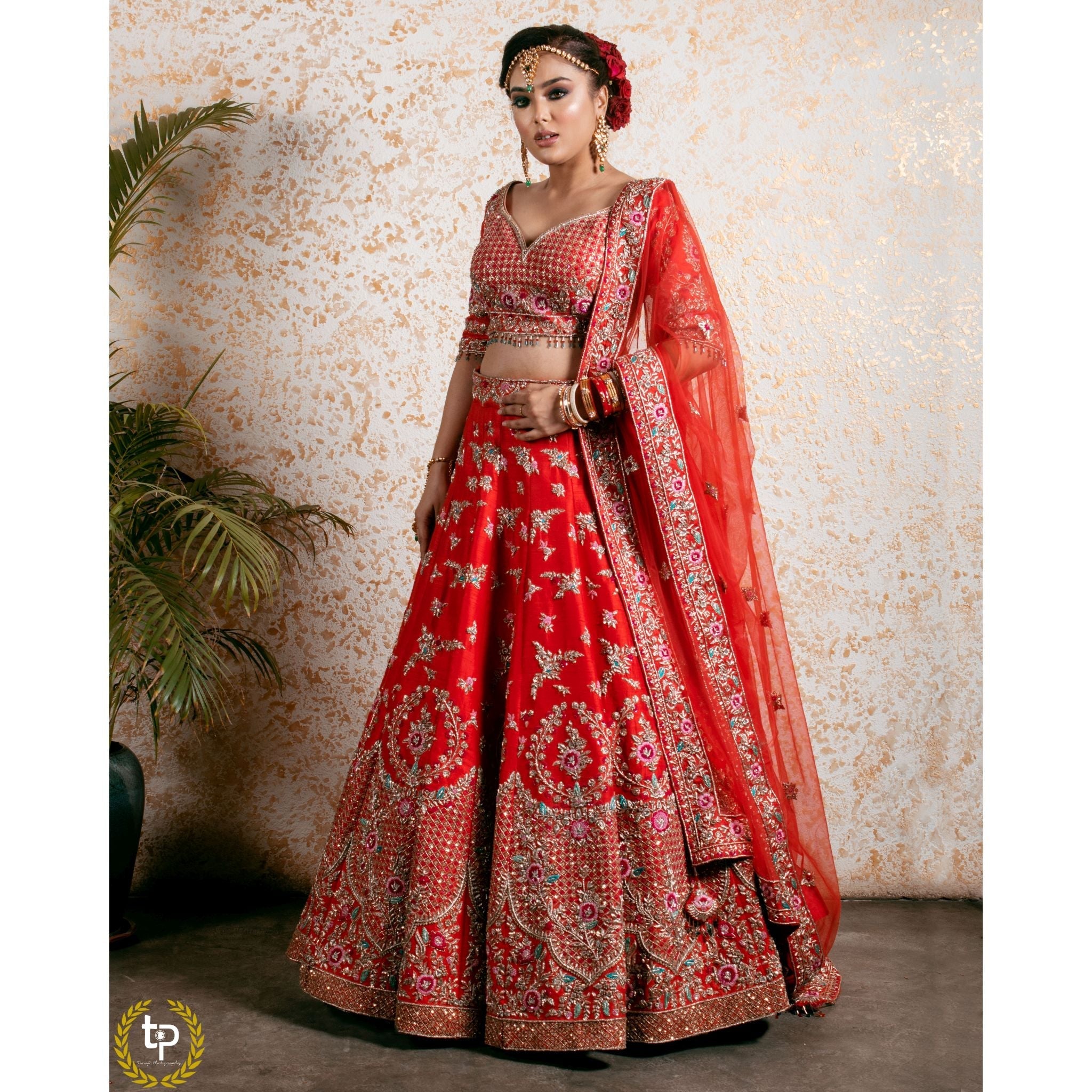 Vermillion Red Abstract Red Lehenga Set - Indian Designer Bridal Wedding Outfit
