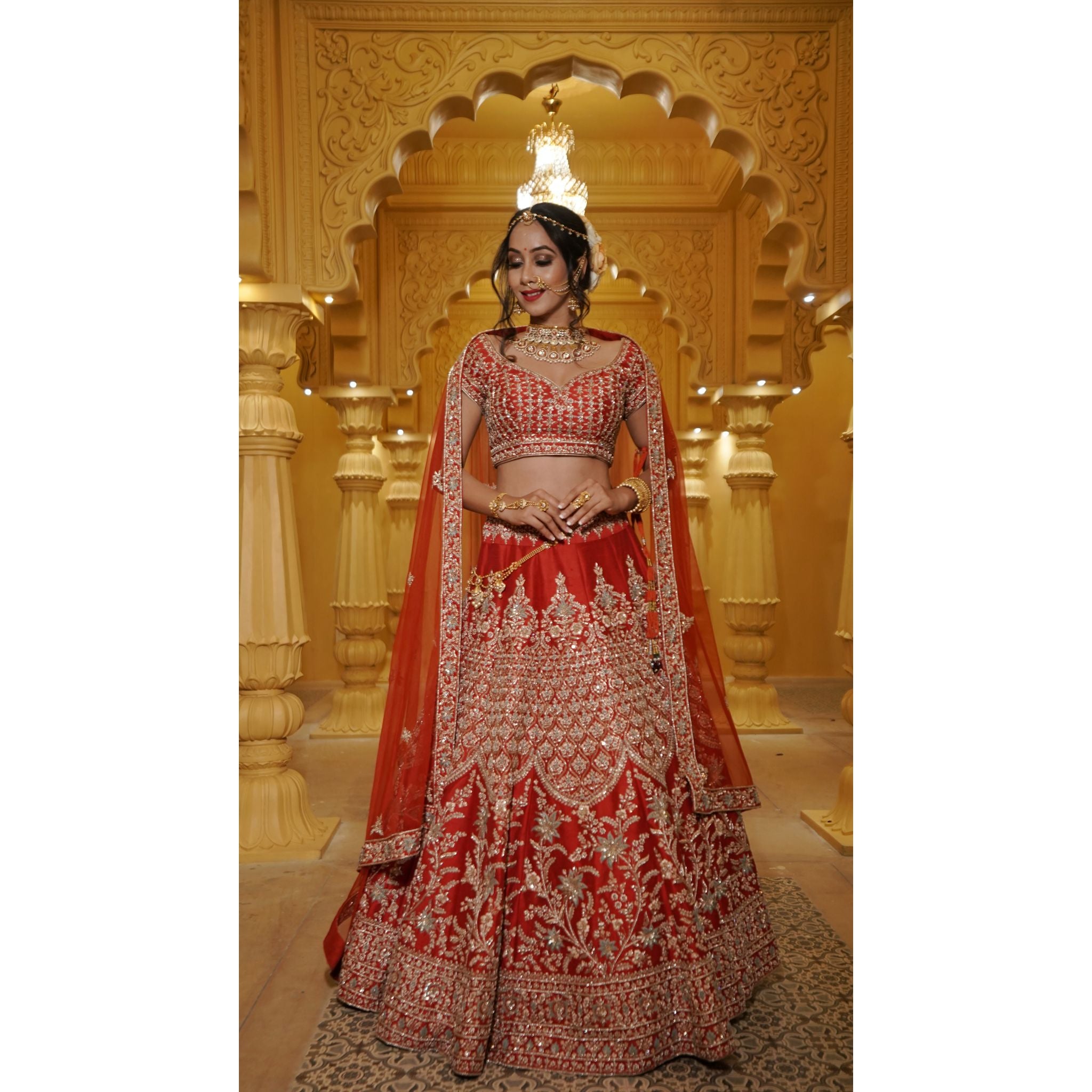 Vermillion Red And Gold Lehenga Set - Indian Designer Bridal Wedding Outfit