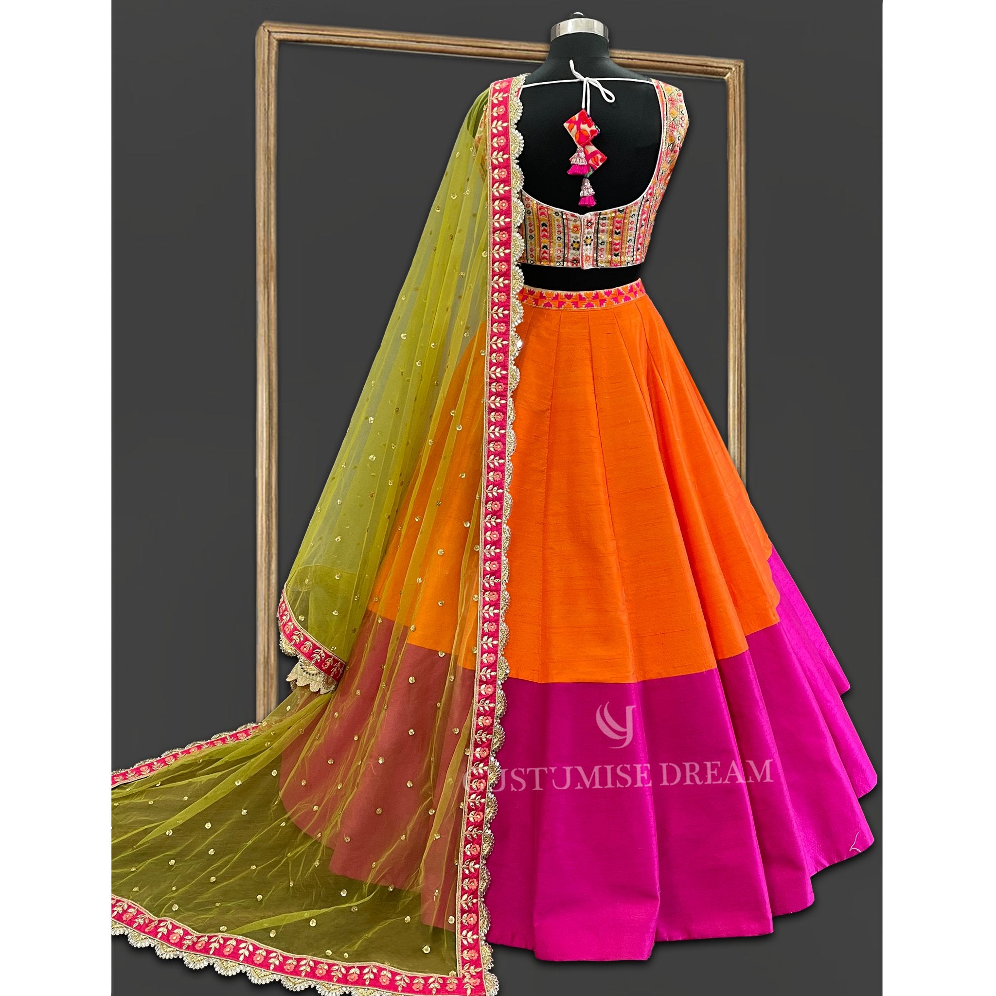 Vibrant Silk Lehenga with Ivory Embroidered Blouse - Indian Designer Bridal Wedding Outfit