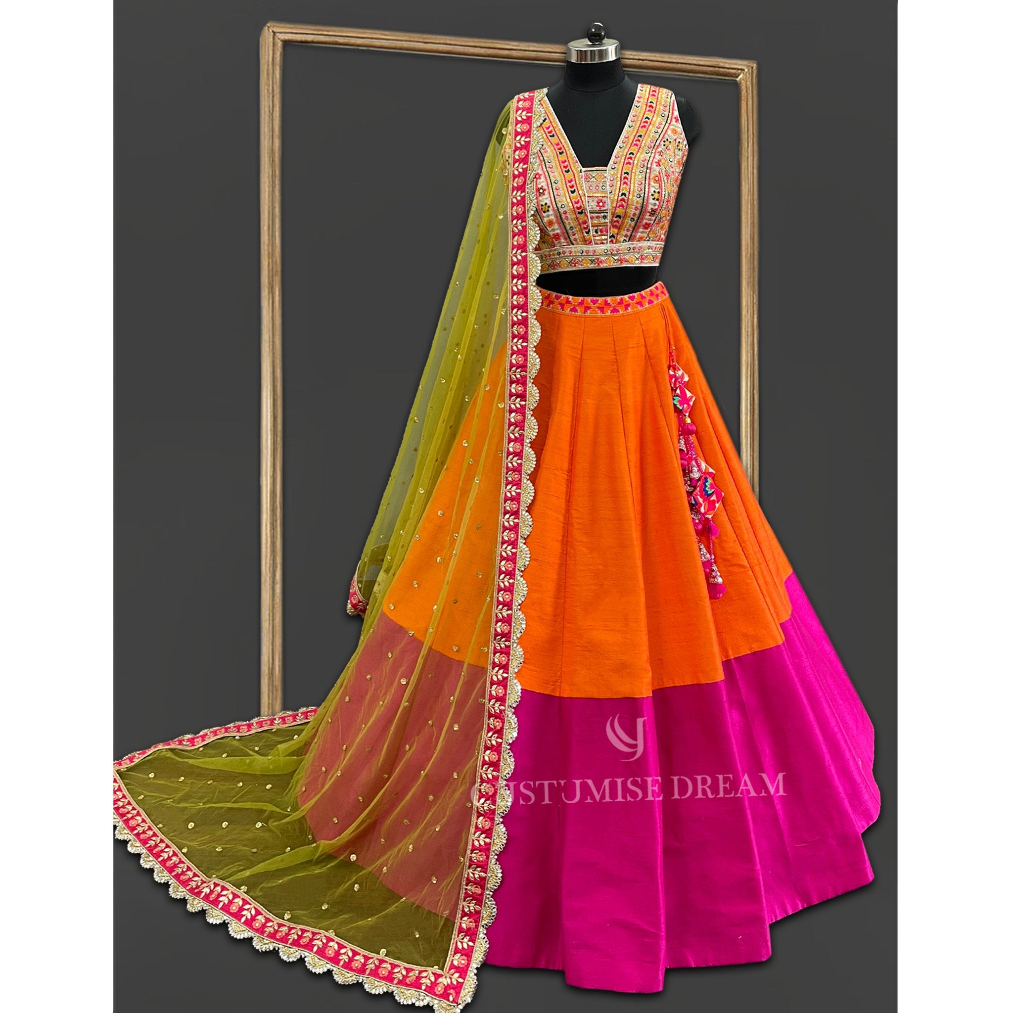 Vibrant Silk Lehenga with Ivory Embroidered Blouse - Indian Designer Bridal Wedding Outfit