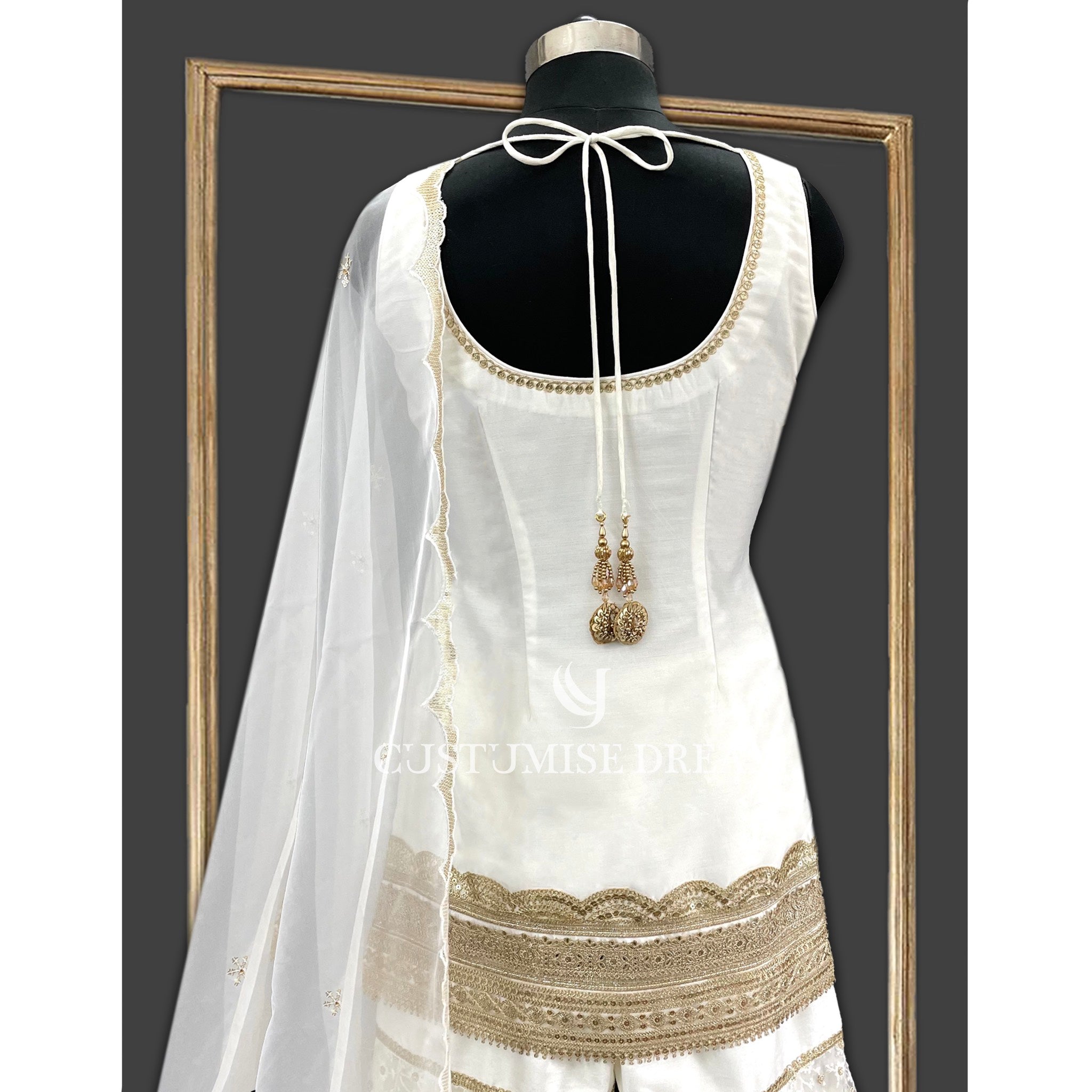 White Floral Elegance: Embroidered Sharara Set - Indian Designer Bridal Wedding Outfit