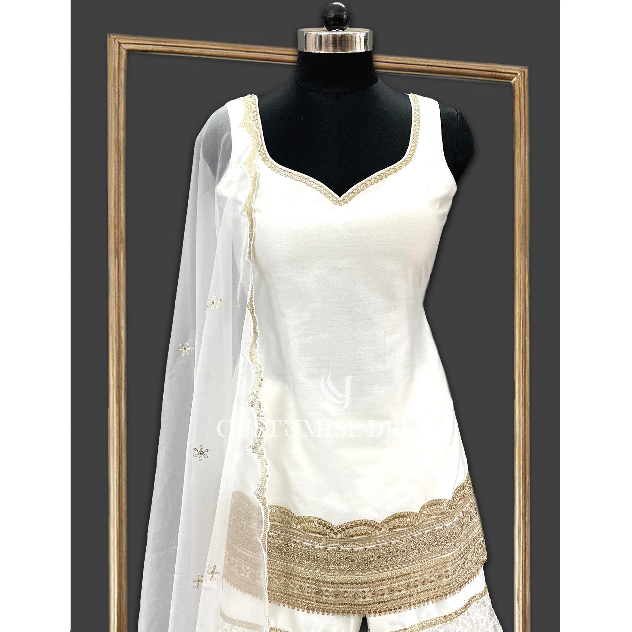 White Floral Elegance: Embroidered Sharara Set - Indian Designer Bridal Wedding Outfit