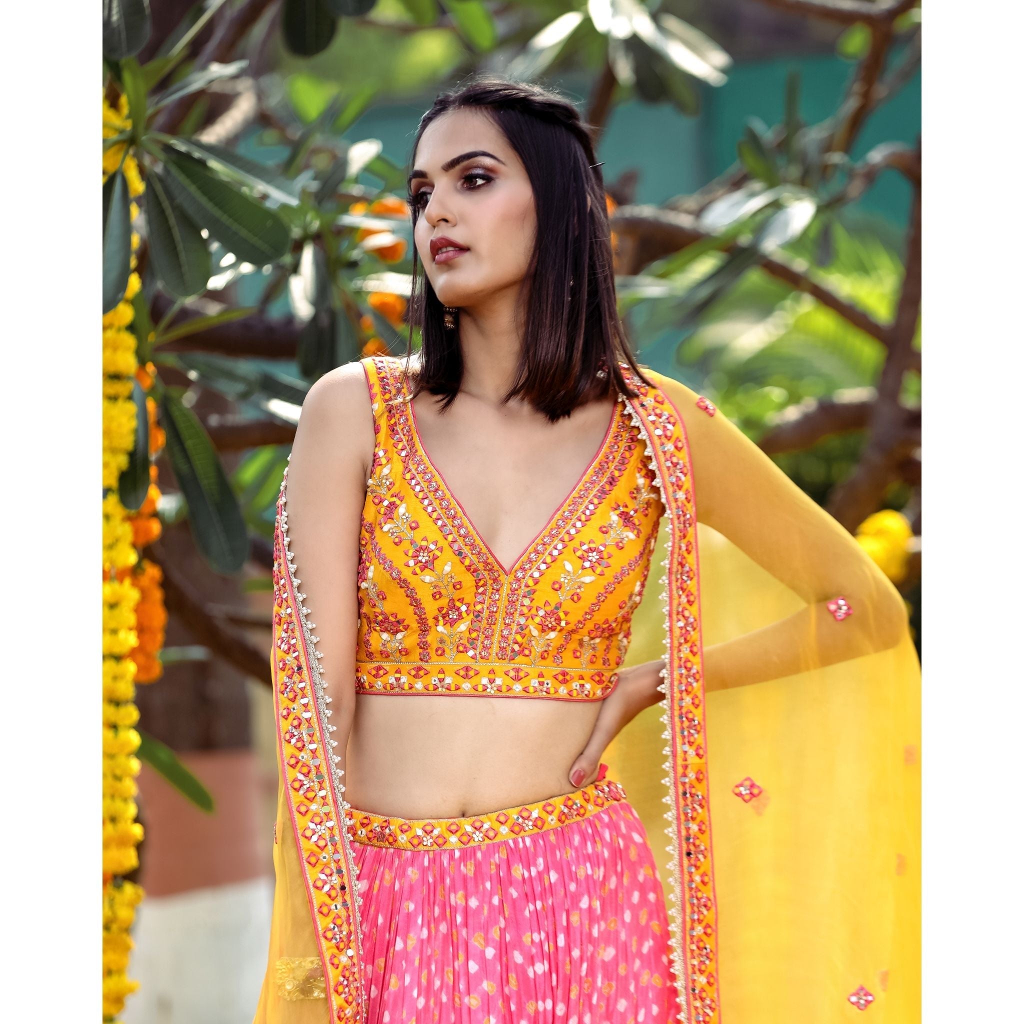 Yellow And Pink Bandhani Lehenga Set - Indian Designer Bridal Wedding Outfit