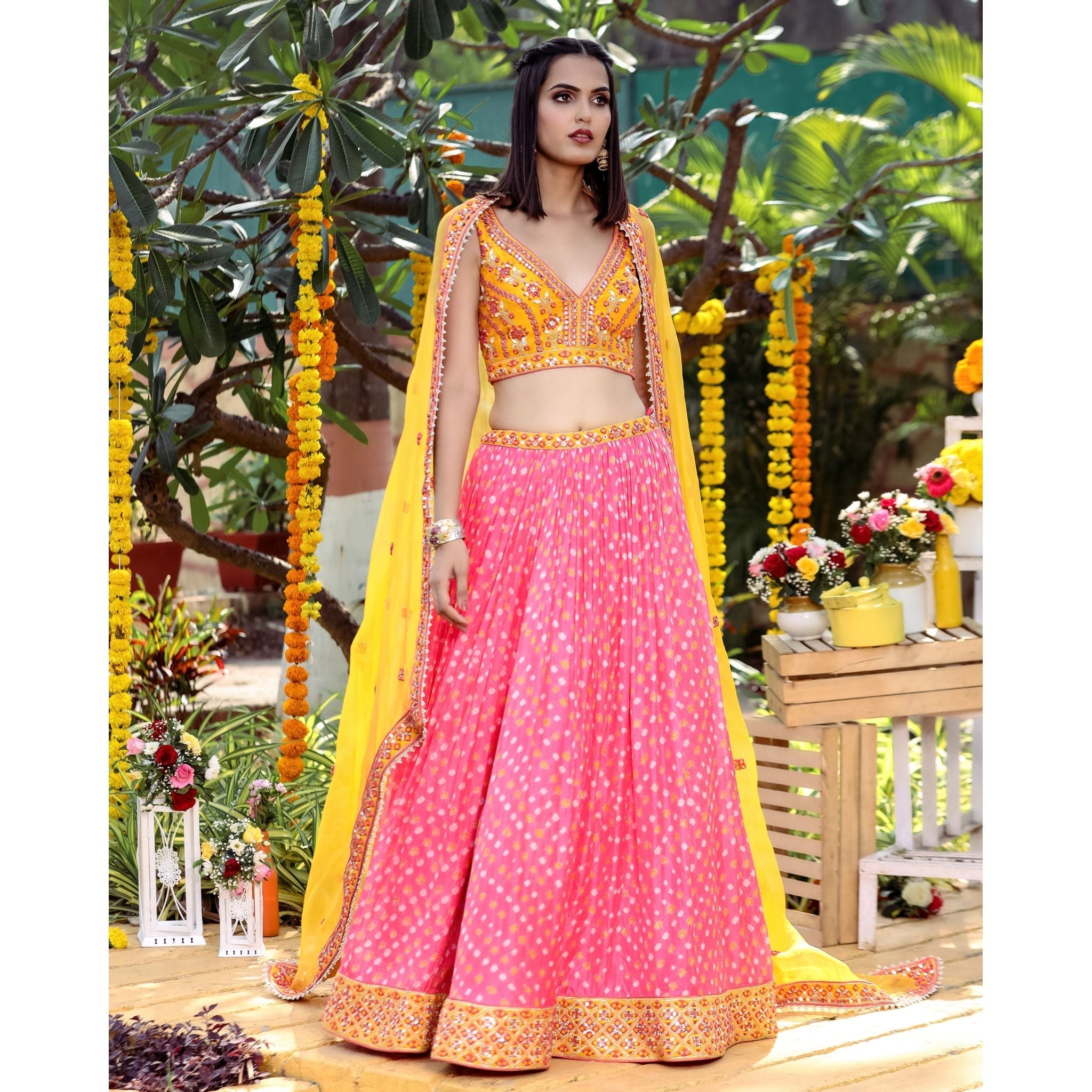 Buy Exclusive Bandhani Print Pink Orange Silk Thread & Sequence Work  Wedding Lehenga Choli With Organza Dupatta for Women Online in India - Etsy