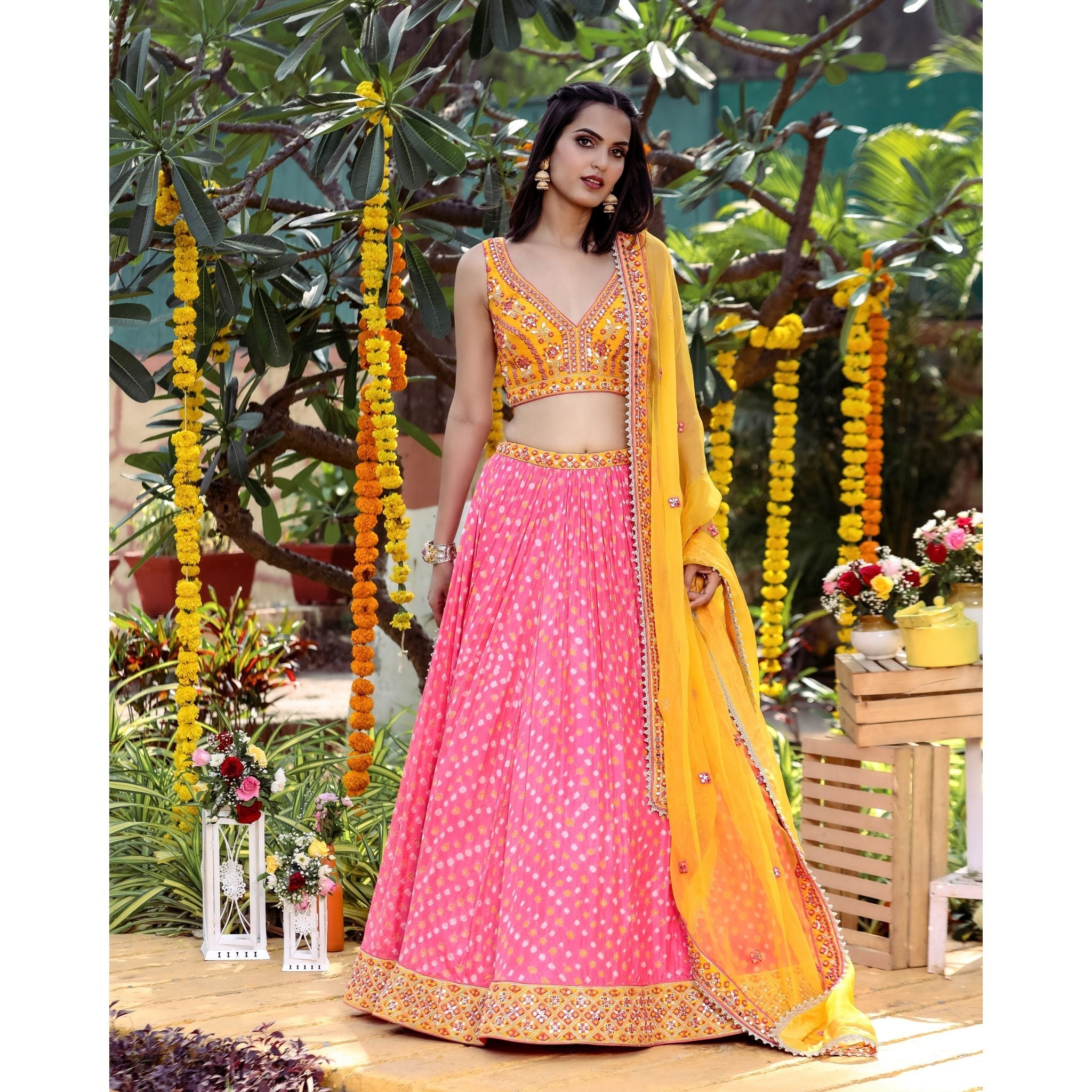 Yellow And Pink Bandhani Lehenga Set - Indian Designer Bridal Wedding Outfit