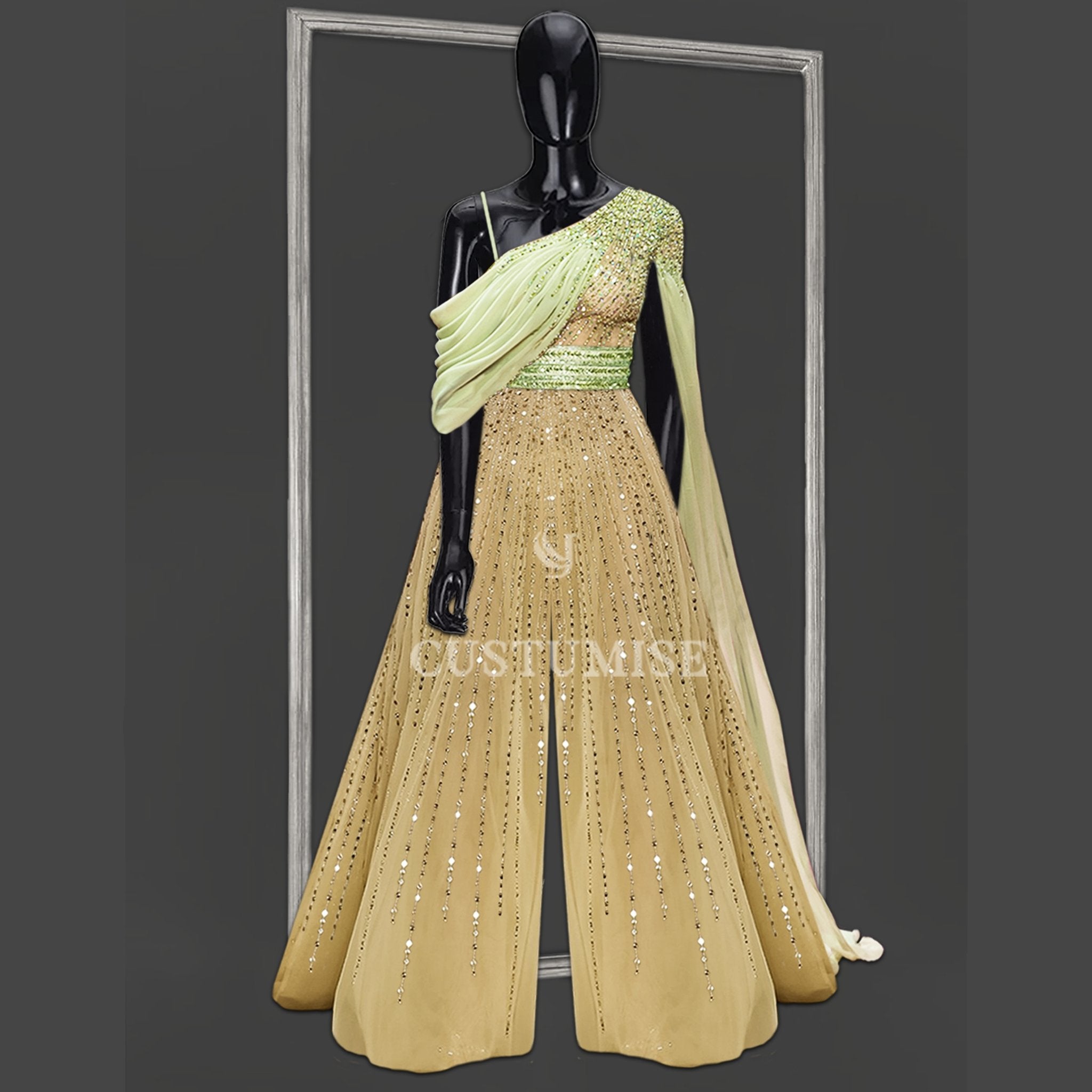 Yellow & Green Draped Jumpsuit - Indian Designer Bridal Wedding Outfit